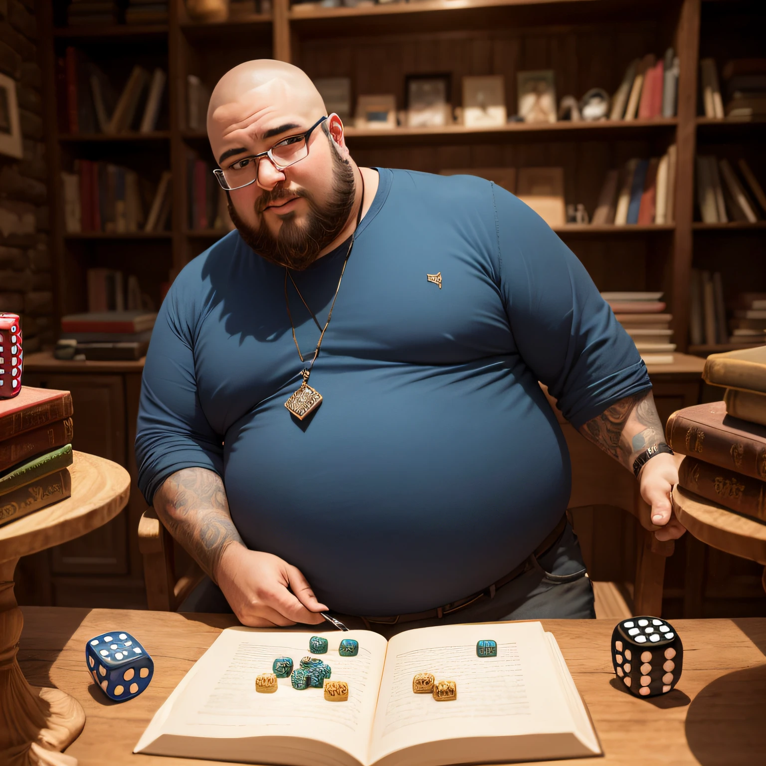 desenho, bastante detalhado. cavaleiro medieval, shaved head, with medium beard and dark brown color, um gordo, vestindo armadura ornamentada, com capa azul e vermelha, holding with the left hand spanked up dice of 6 colored sides, in front of a wooden table where there are several books and heavy tomes, papiros e miniaturas de guerreiros. serious facial expression, wears aviator-style reading glasses. Apenas um homem na imagem, 34 anos. Redo this image above, but with the fat character. --auto