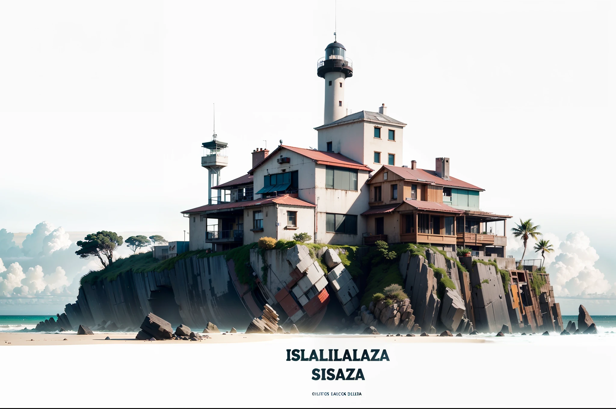 noche oscura, noche silenciosa, isla de alcatraz, nigth, cyberpunk, torres altas con faros, una isla rocosa en medio del mar, una estructura en la isla, a prison, a detention center, a prison, detallada, shigh definition, intrincada, realista, hiper detallado