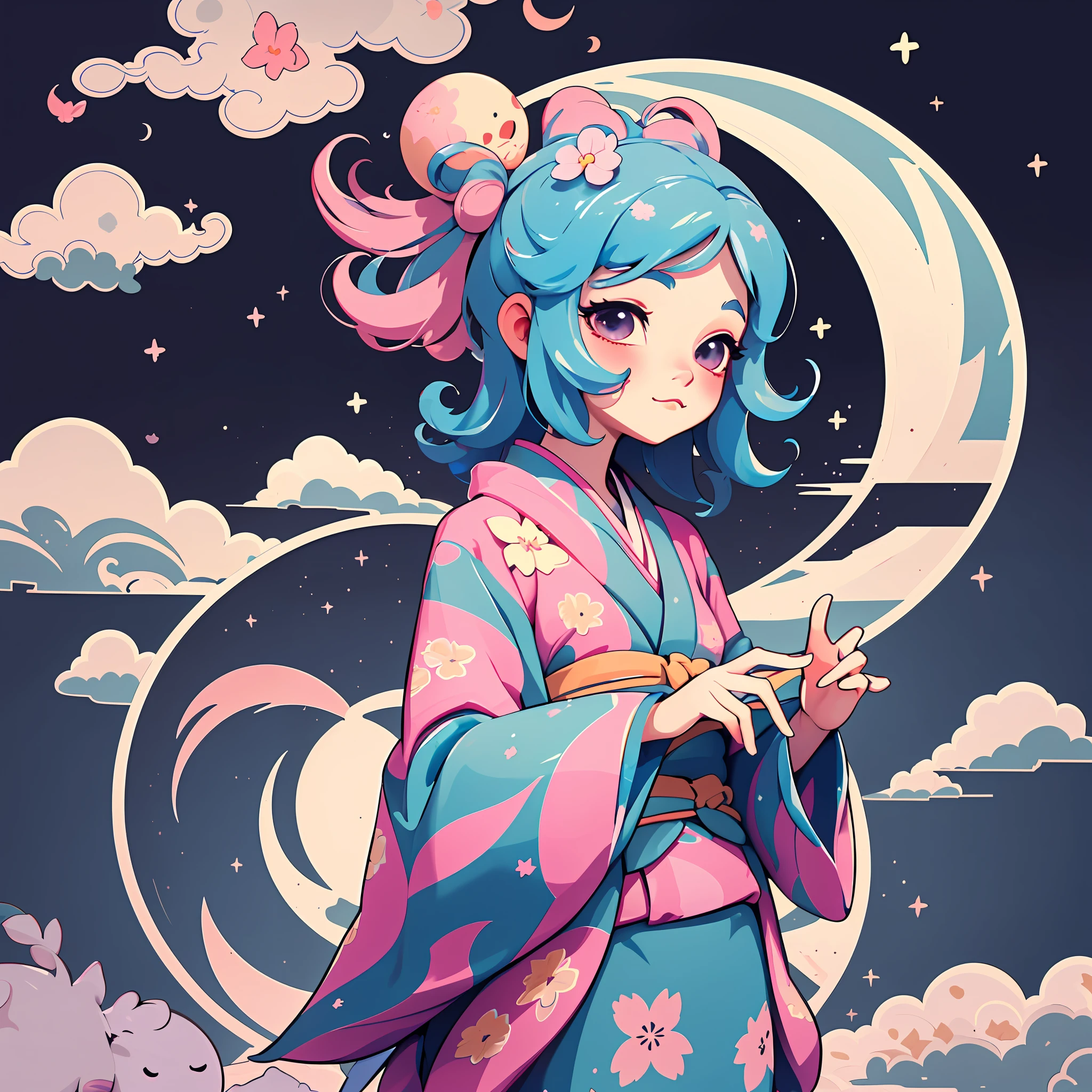 1 sticker, sticker, nikkaze, (cute girl), (gorgeous kimono), (gorgeous hair accessory), (Japanese traditional hairstyle), cherry blossoms, clouds, behind is a huge round moon, stars, white background, no background, simple background, minimal, cute, tiny, pastel color, vector style, no gradient,solo