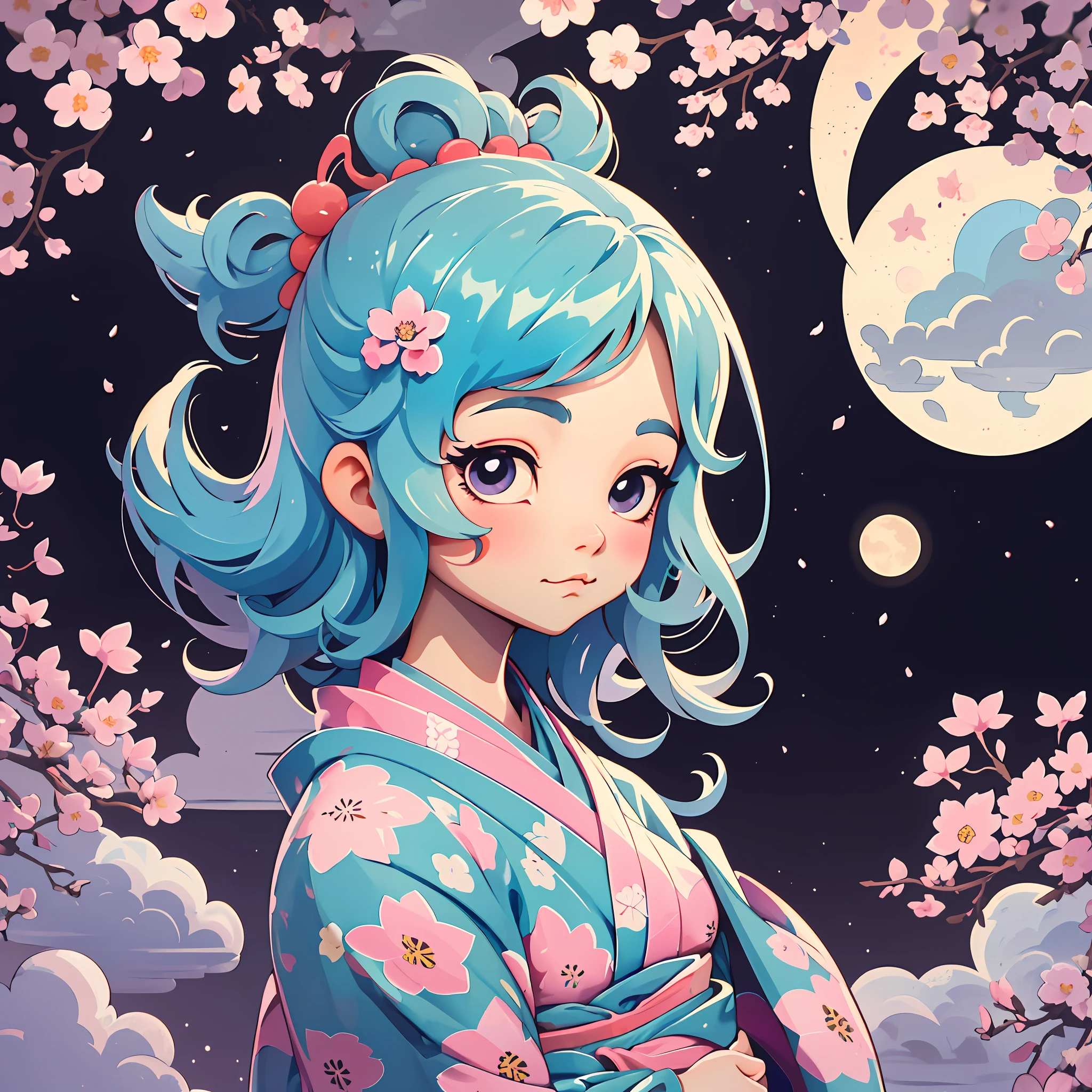 1 sticker, sticker, nikkaze, (cute girl), (gorgeous kimono), (gorgeous hair accessory), (Japanese traditional hairstyle), cherry blossoms, clouds, behind is a huge round moon, stars, white background, no background, simple background, minimal, cute, tiny, pastel color, vector style, no gradient,solo
