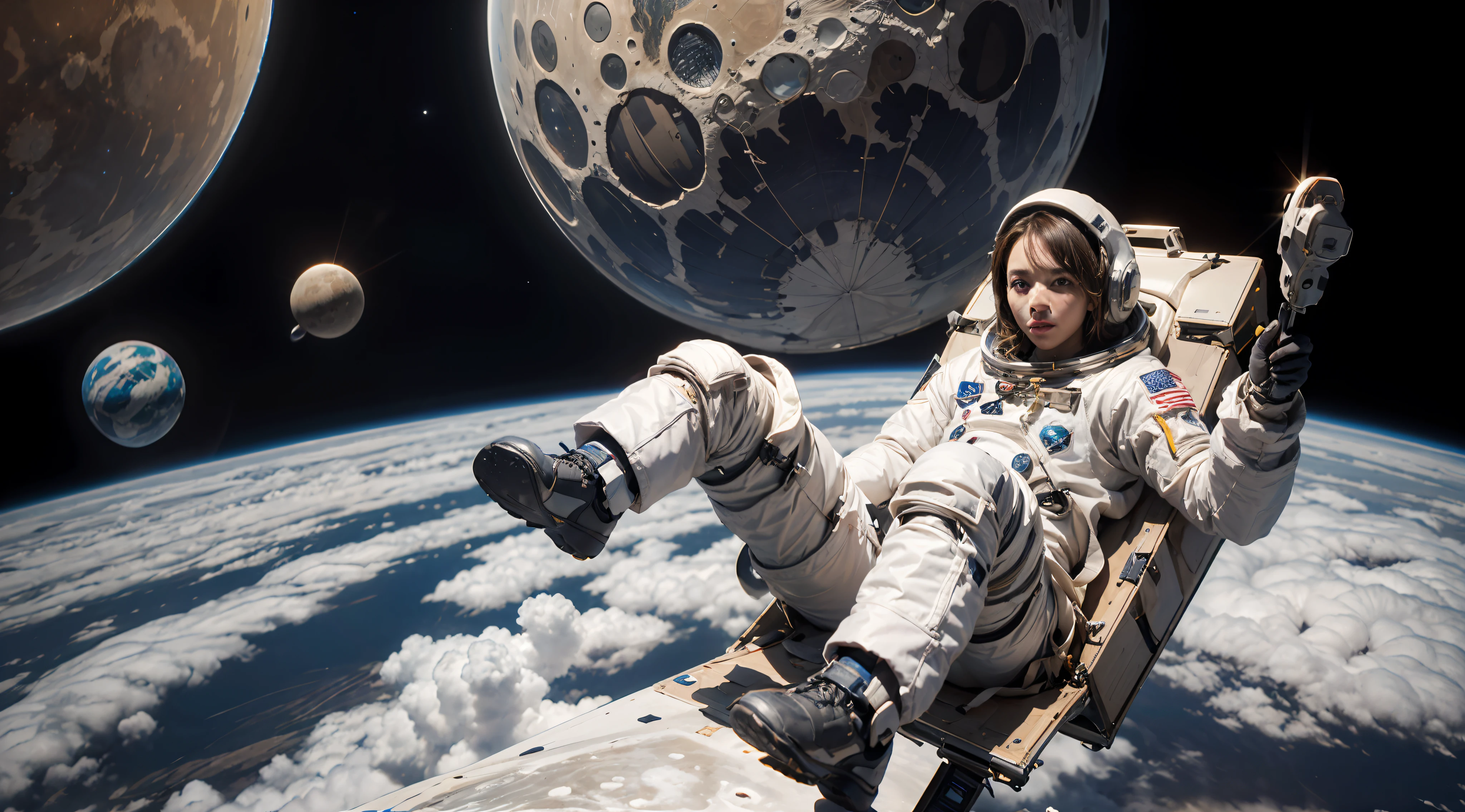 （Realistis：1.4），A girl，Two-dimensional woman，Female avatar，Astronauts in spacesuits stand on snowy surfaces，with a planet in the background, astronaut in space, astronaut lost in liminal space, standing in outer space, space walk scene, amazing wallpapers, astronaut stranded on planet, girl in space, astronaut in space, Space travelling, astronaut on the moon, astronaut floating in space, cosmos sem fim no fundo，A high resolution，ultra detali，Realistic texture，Bold textures，Crazy textures,Clouds on the ground，Clouds next to feet