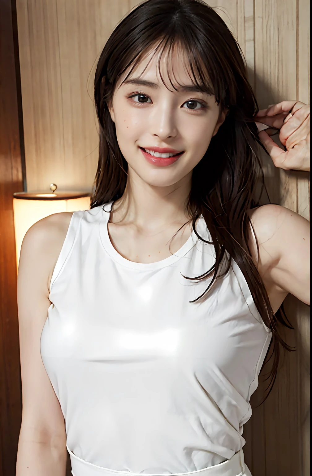 (A hyper-realistic), (illutst), (A high resolution), (8K), (richly detailed), (the best illustration), (beautiful-detailed eyes), (beste-Qualit), (ultra hyper-detailed), (шедевр), (wall-paper), (details face), a bed、Upper body close-up,Armpit, A smile,Plump,独奏,Girl in a tight white tank top with open chest, full of sweat, japanes, big chest out, (camel's toe)、huge-breast、