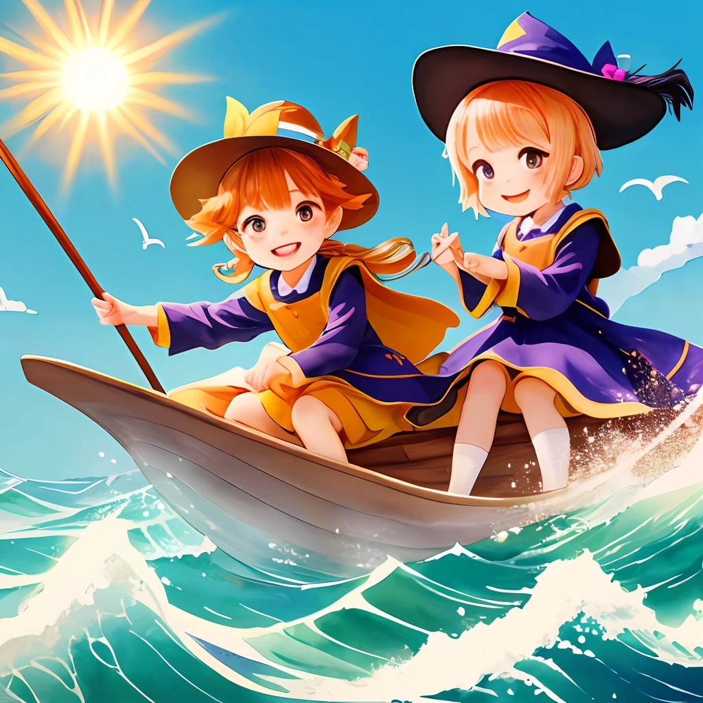 water colour、Two cute witches flying in the sky with brooms、Little Witch、friend、I'm smiling happily、kawaii、Wave Shorthair、orange、golden colour、Brown Wave Shorthair、Top image quality、Soft and gentle lines、Adventure in nature、exploration、Exciting、positive、I'm smiling happily、Solar sunshine、The wind blows、florals、