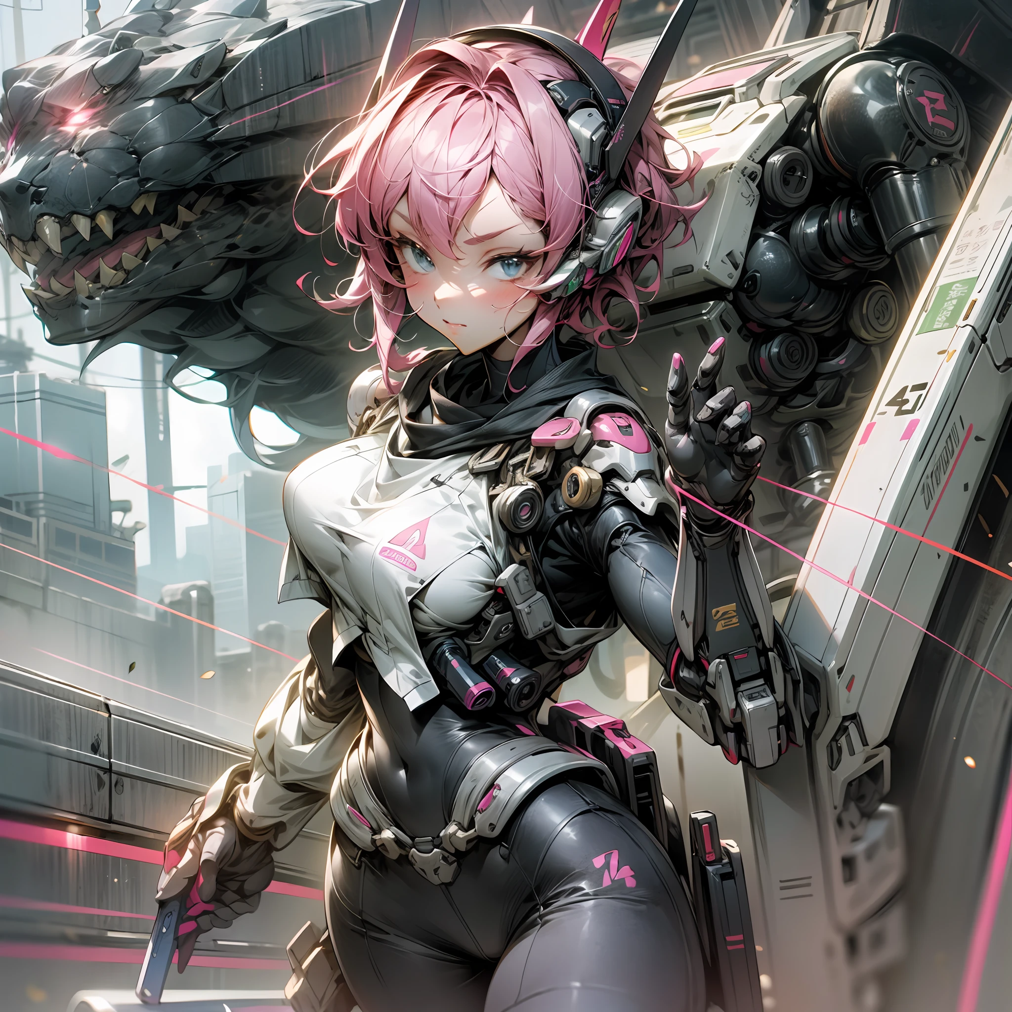 1girl huge large breasts，araffed robot with a gun and a gun in its hand, Seductive body，Super cute girl，Monster background，Godzilla background，Huge mech back, female mecha, wlop and krenz cushart, 4k highly detailed digital art, anime robotic mixed with organic, High quality digital concept art, by Krenz Cushart, cyberpunk anime girl mech，Pink and white mech, girl in mecha cyber armor, Impressive face， Delicately drawn face，facial closeup，Elaborate Eyes， Handsome fighting stance，Particle，High detail in light and shadow，Push back feeling，future warrior，Exquisite body details，Best Tech Poster，Best 4k anime wallpapers，Reasonable body structure，Sakura pink short hair，Hair details of the mechanism，Reasonable body structure，laser，wing，Cool weapon，A body，Reasonable body structure