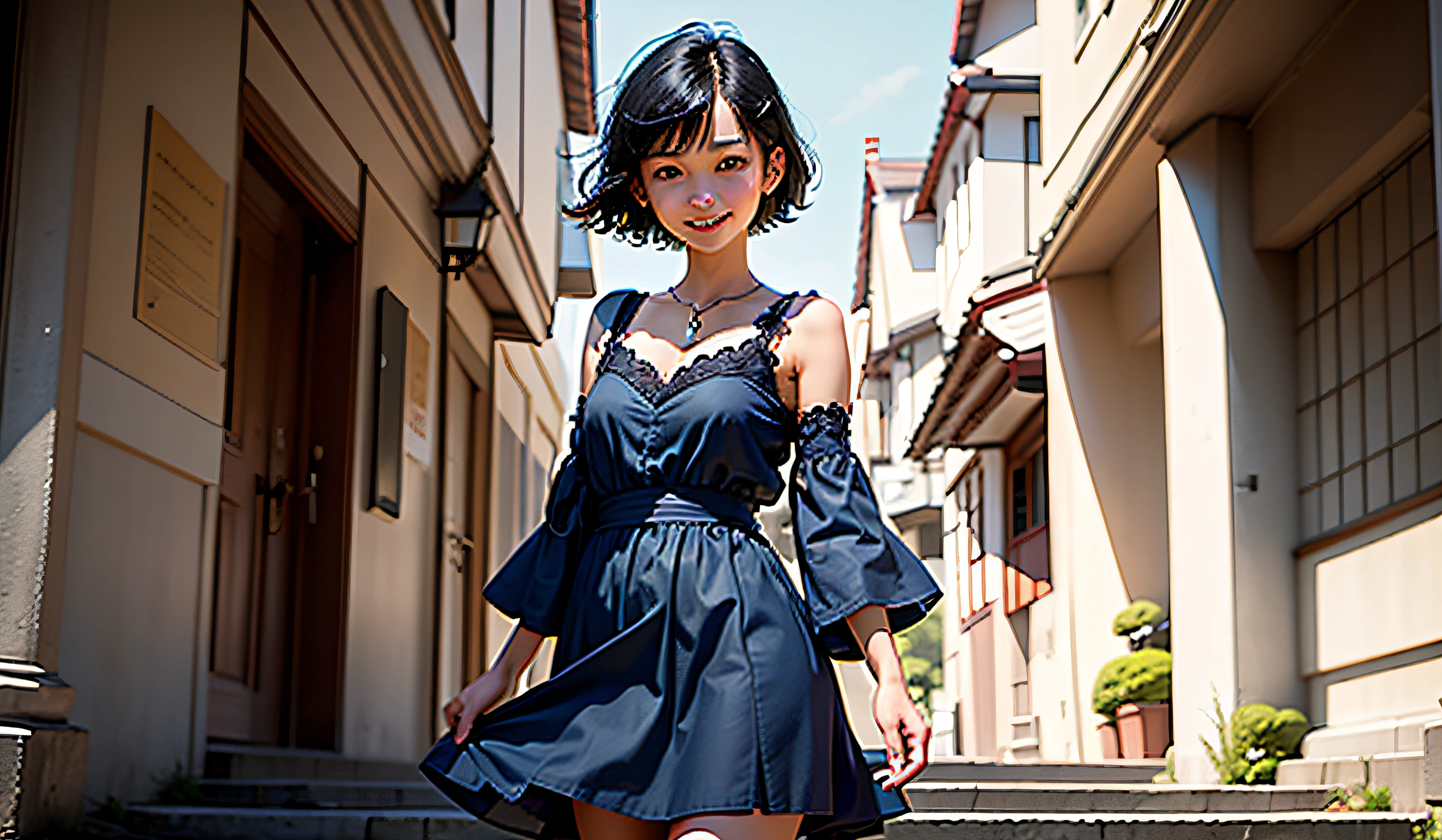 (masterpiece, highest quality, highest resolution, distinct_image, detailed detail, portrait): (Solo, lone girl, face is Japan, short cut, girl with black hair, (perfect body: 1.4), sparkly blue colored eyes, blue dress figure, very delicate and beautiful, detailed skin, slim body, happy smile to show to lover, heroine, boots, front, Towards the viewer,), city parks