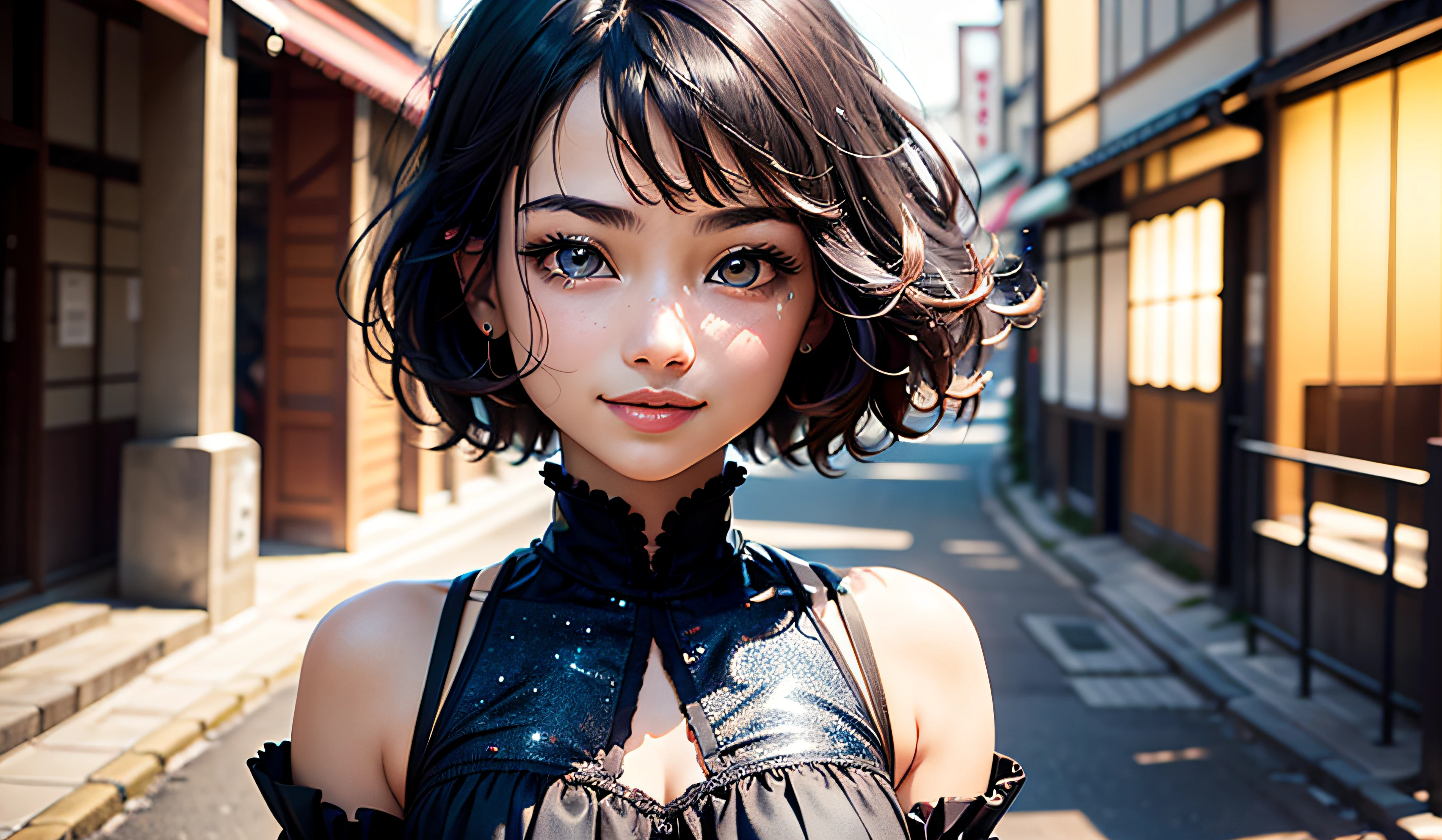 (masterpiece, highest quality, highest resolution, distinct_image, detailed detail, portrait): (Solo, lone girl, face is Japan, short cut, girl with black hair, (perfect body: 1.4), sparkly blue colored eyes, blue dress figure, very delicate and beautiful, detailed skin, slim body, happy smile to show to lover, heroine, boots, front, Towards the viewer,), city parks