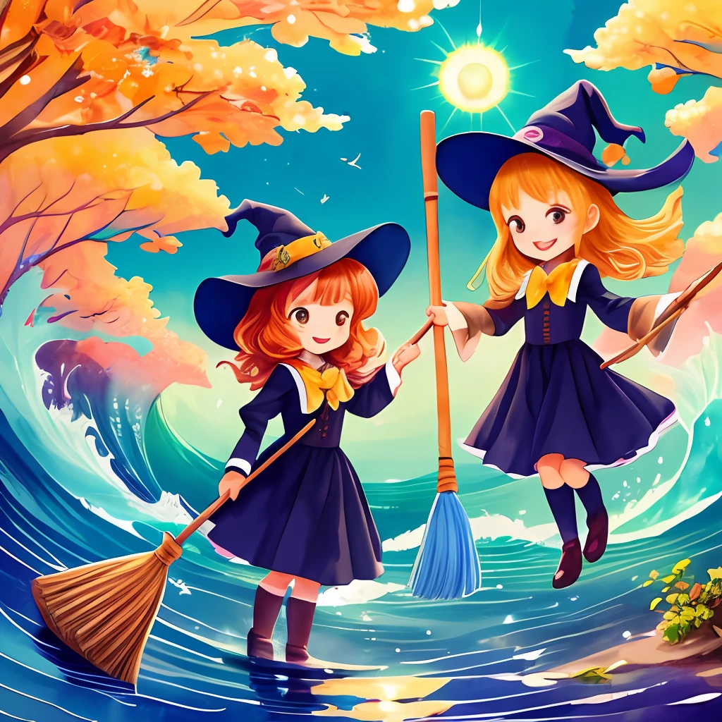 water colour、Two cute witches flying in the sky with brooms、Little Witch、friend、I'm smiling happily、kawaii、Wave Shorthair、orange、golden colour、Brown Wave Shorthair、Top image quality、Soft and gentle lines、Adventure in nature、exploration、Exciting、positive、I'm smiling happily、Solar sunshine、The wind blows、florals、