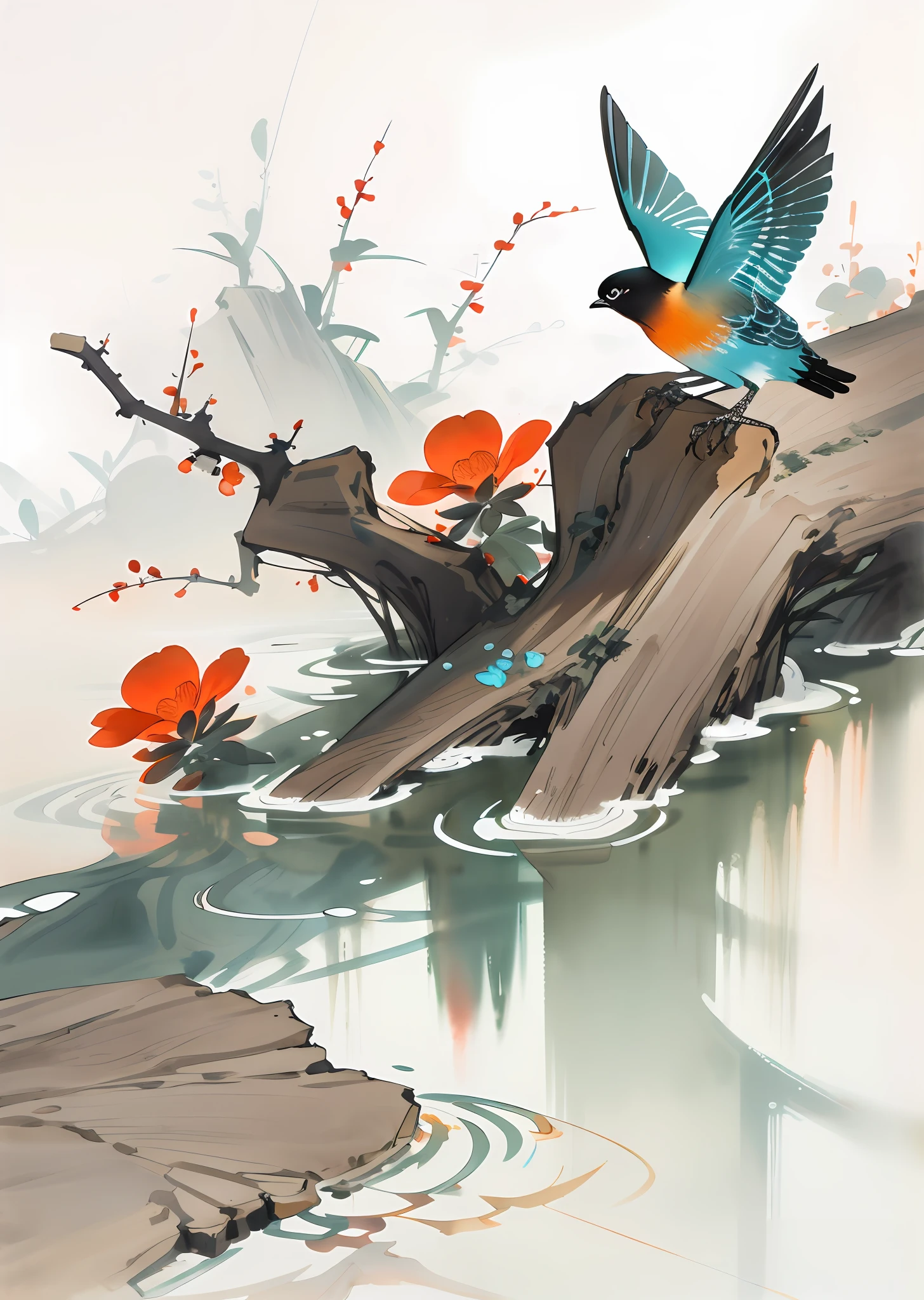 Flowers and birds, [(white background:1.5)::5], medium view, full body, chinoiserie, flowers, stone fragments, beautiful and delicate water, wood grain floor,