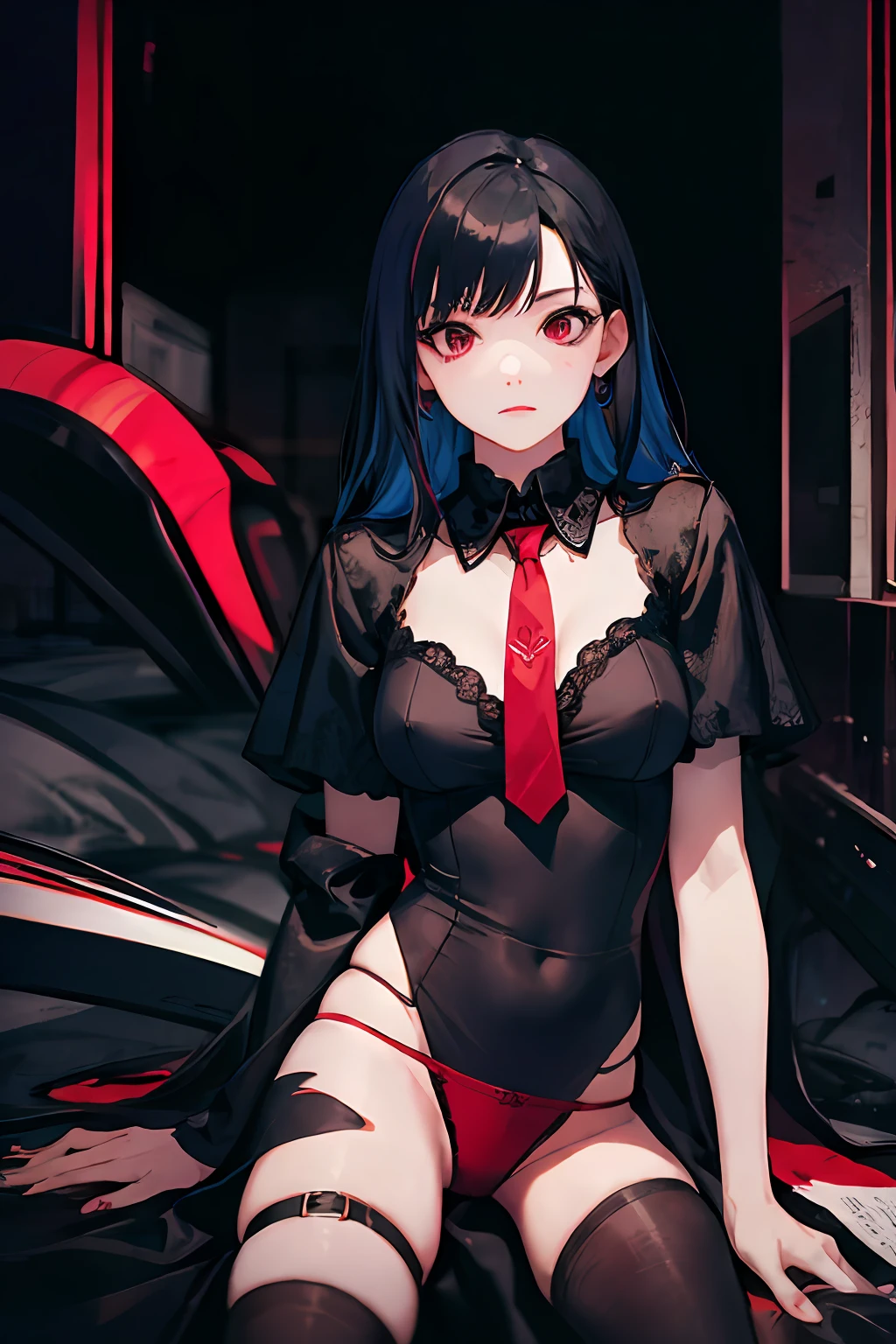 (masterpiece, best quality), 1girl, , realistic, black dress, red tie, goth, (red panties), upskirt, sprad legs, vibrant colors, abstract background, lines geometric, night, dark theme, high contrast, deep shadows