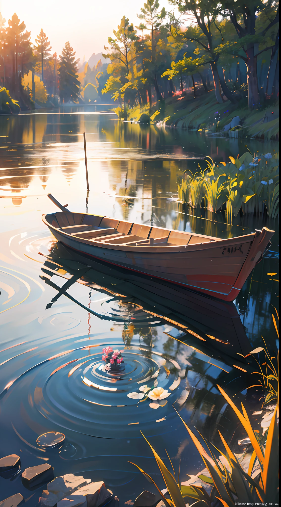 Wallpaper, summer pond, pond, boat, afternoon sun, reeds, pond background, depth of field, hot weather, HD detail, wet watermark, hyperdetail, realistic photo, 16k, surrealism, soft light, deep field focus bokeh, ray tracing, diffuse (ultra-fine glass reflection) and surrealism. --v6