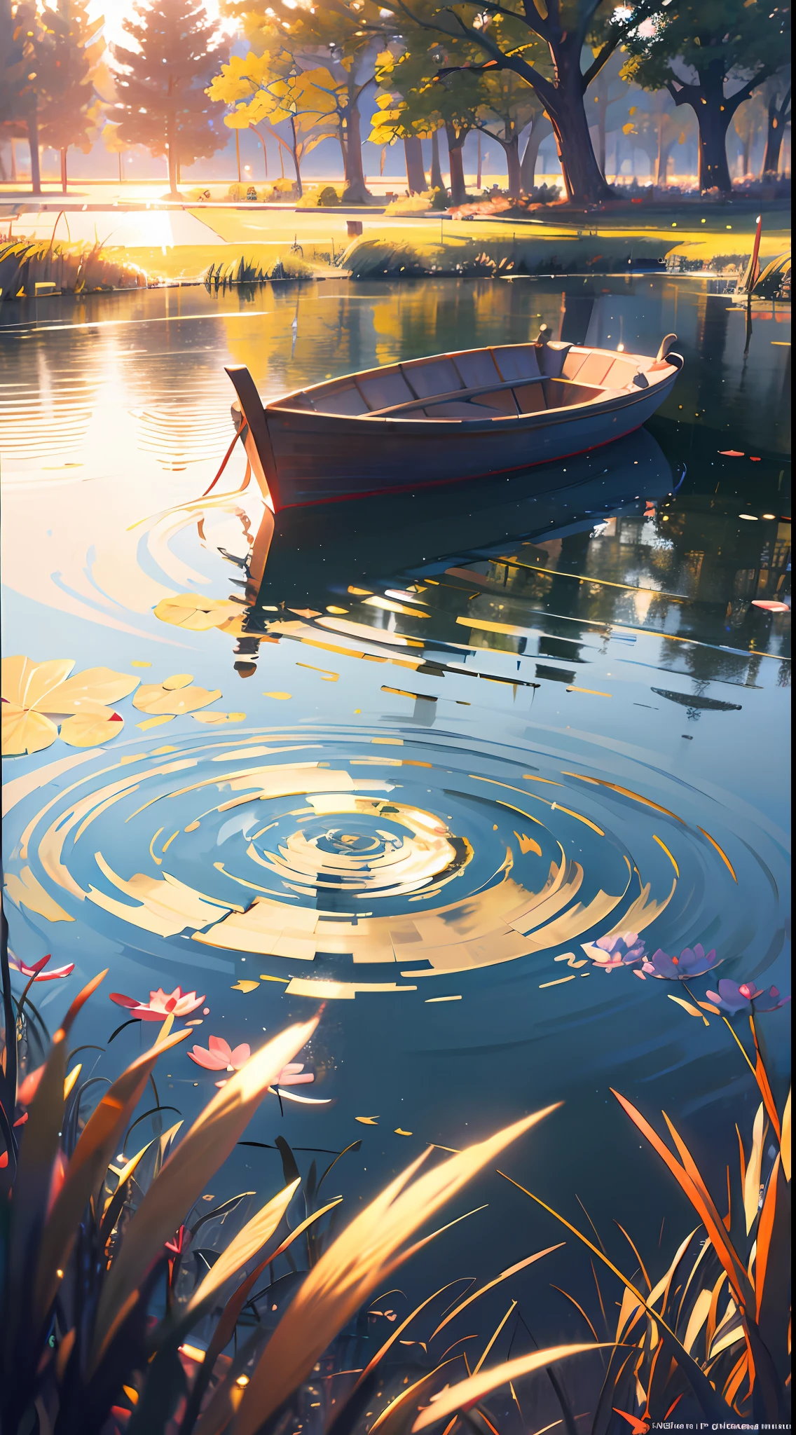 Wallpaper, summer pond, pond, boat, afternoon sun, reeds, pond background, depth of field, hot weather, HD detail, wet watermark, hyperdetail, realistic photo, 16k, surrealism, soft light, deep field focus bokeh, ray tracing, diffuse (ultra-fine glass reflection) and surrealism. --v6