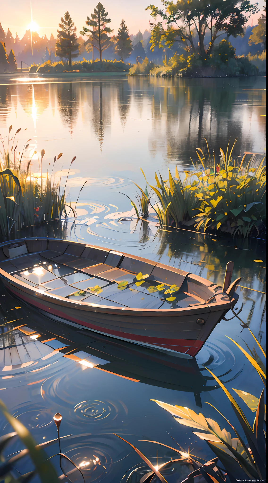 Wallpaper, summer pond, pond, boat, afternoon sun, reeds, pond background, depth of field, hot weather, HD detail, wet watermark, hyperdetail, realistic photo, 16k, surrealism, soft light, deep field focus bokeh, ray tracing, diffuse (ultra-fine glass reflection) and surrealism. --v6