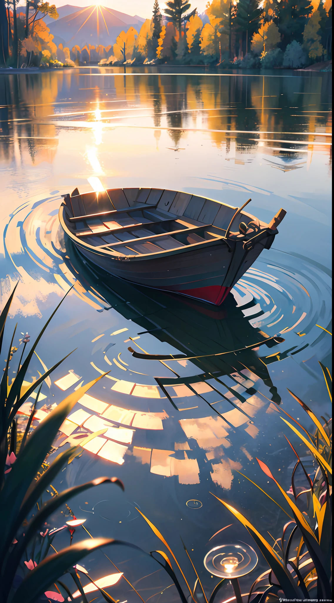 Wallpaper, summer pond, pond, boat, afternoon sun, reeds, pond background, depth of field, hot weather, HD detail, wet watermark, hyperdetail, realistic photo, 16k, surrealism, soft light, deep field focus bokeh, ray tracing, diffuse (ultra-fine glass reflection) and surrealism. --v6