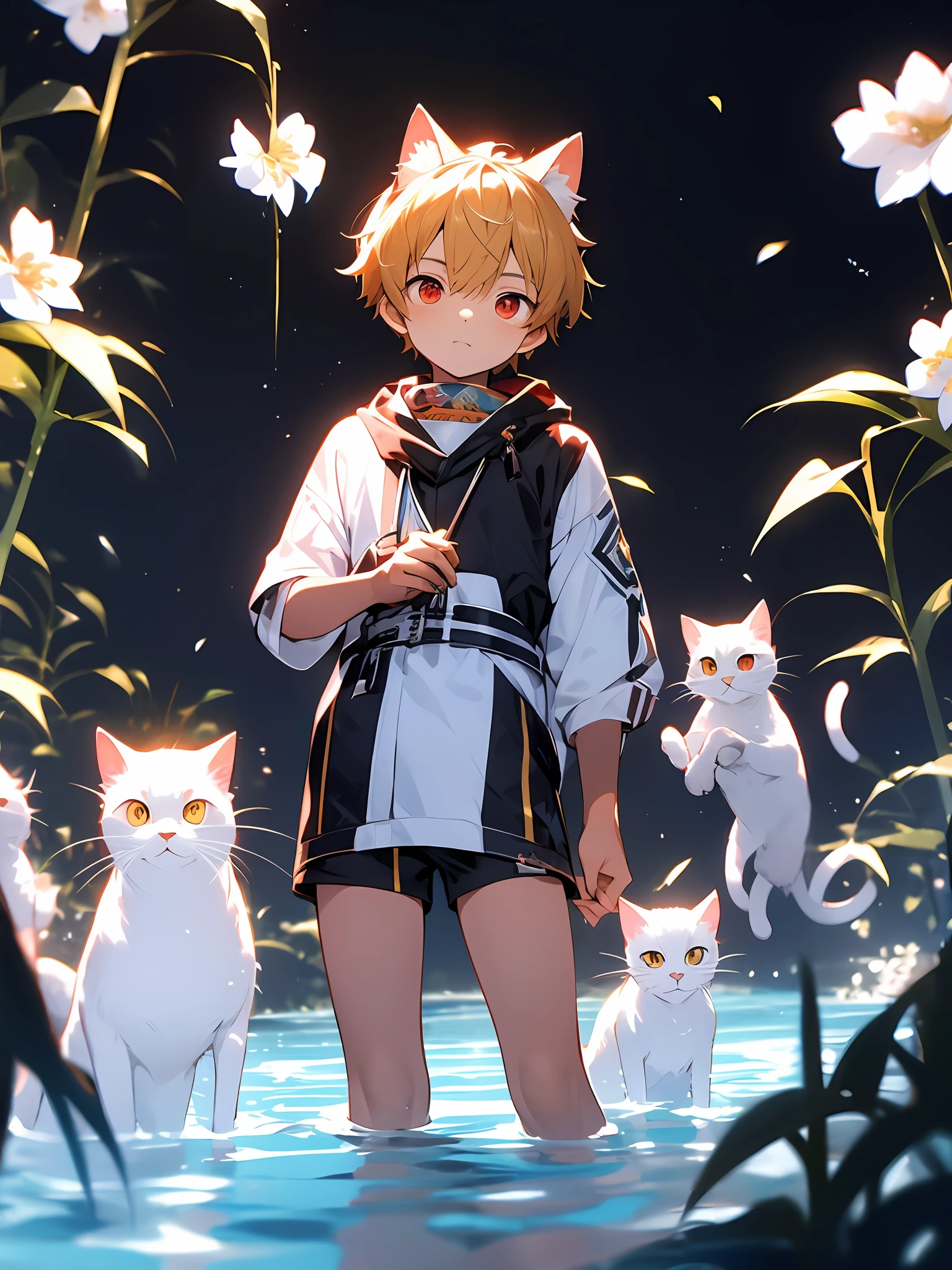 three quarter view,Shota,Golden hair,ddlers,Red eyes,cat ear ,cat tails, lovly, standingn, Master masterpieces, A high resolution,8K,detailedbackground,hightquality,Libido boy,独奏,upshorts,grass field,white blossoms, 《destiny/kaleid liner 魔法少女☆伊莉雅 3rei!!》,gilgamesh,