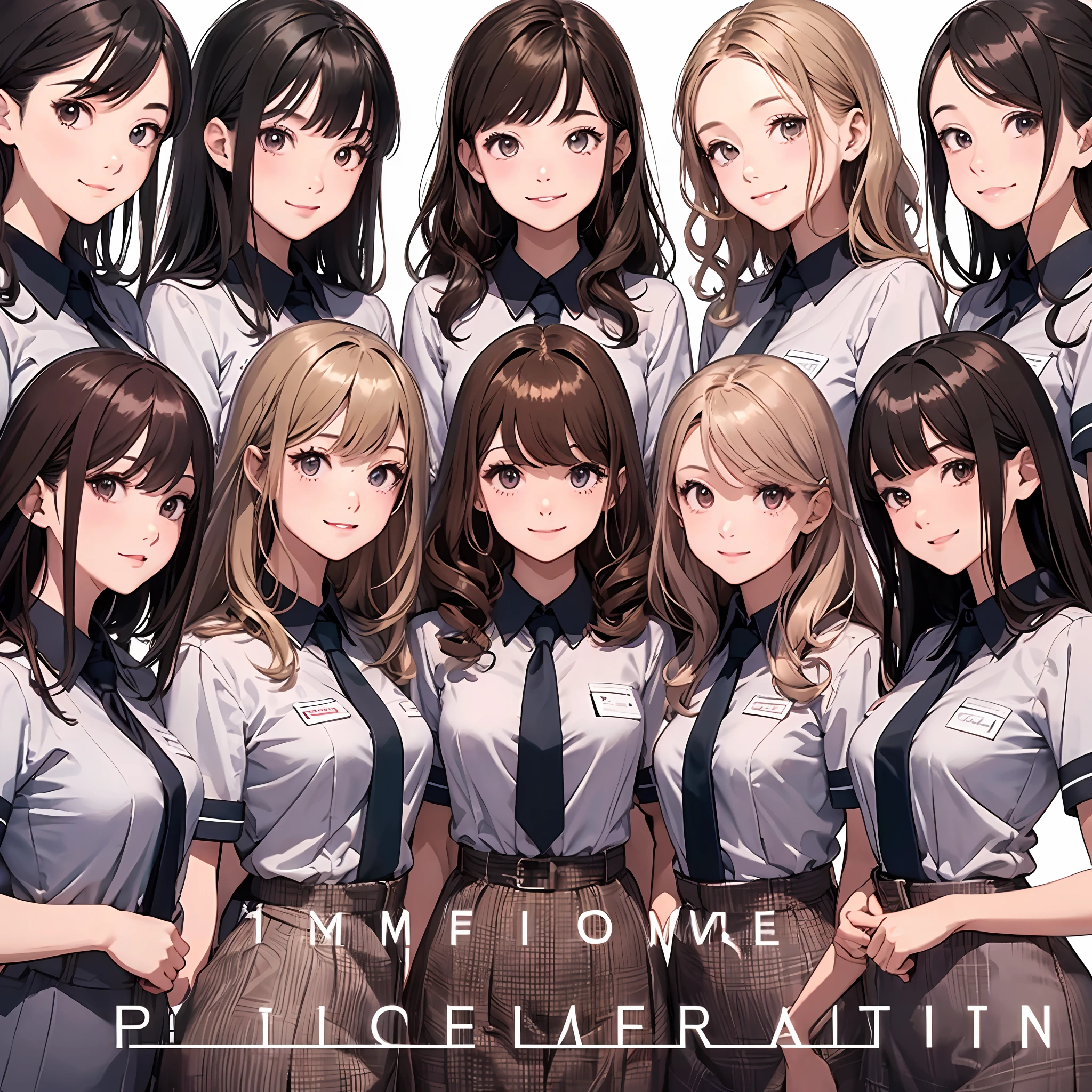 perfect anime illustration, multiple girls, thousands of girls, millions of girls, clones, identical sisters, neat rows of sisters, neat columns of sisters, sisters standing in formation, sisters in background, brown hair, curly hair, matching hairstyle, hazel eyes, smiling, ((matching outfits, office lady, employee uniform)), matching hairstyles, white background, highres, full body, pose