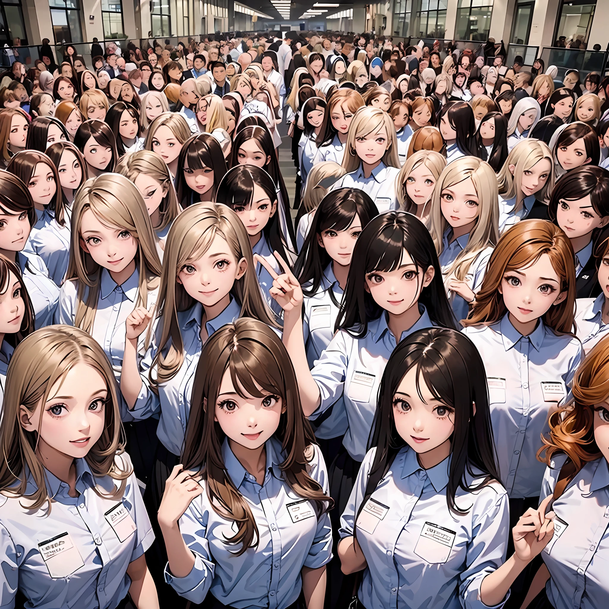 perfect anime illustration, multiple girls, thousands of girls, millions of girls, clones, identical sisters, neat rows of sisters, neat columns of sisters, sisters standing in formation, sisters in background, brown hair, curly hair, matching hairstyle, hazel eyes, smiling, ((matching outfits, office lady, employee uniform)), matching hairstyles, white background, highres, full body, pose