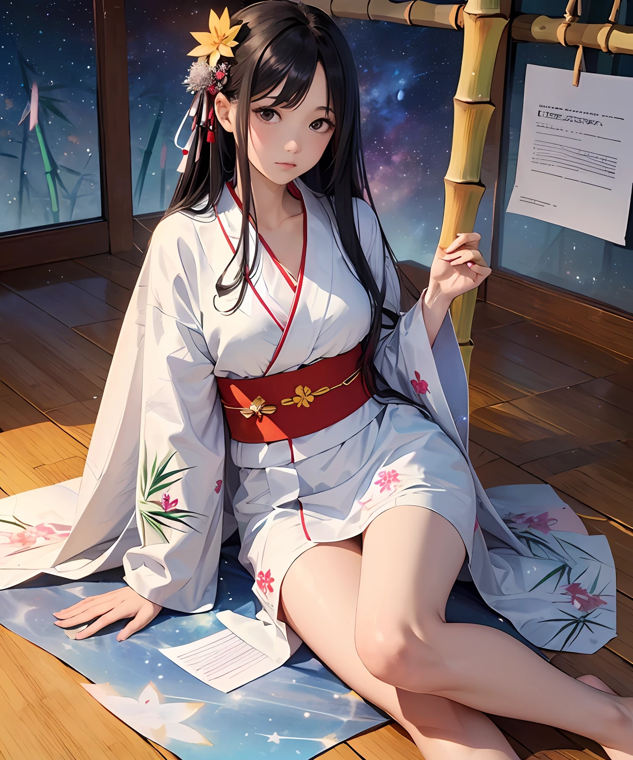 Masterpiece, highest quality, realistic, (((Tanabata: 1.8)))), ((Star Festival: 1.5)), (Orihime in a yukata and waiting for her with long black hair and a large star-shaped hair ornament and looks sideways at the viewer with a lonely expression)))), (((Galactic stars in the dark night sky)), 20 years old, full body, photorealistic, ((leans on bamboo with a large amount of thin colored paper)), calf, barefoot