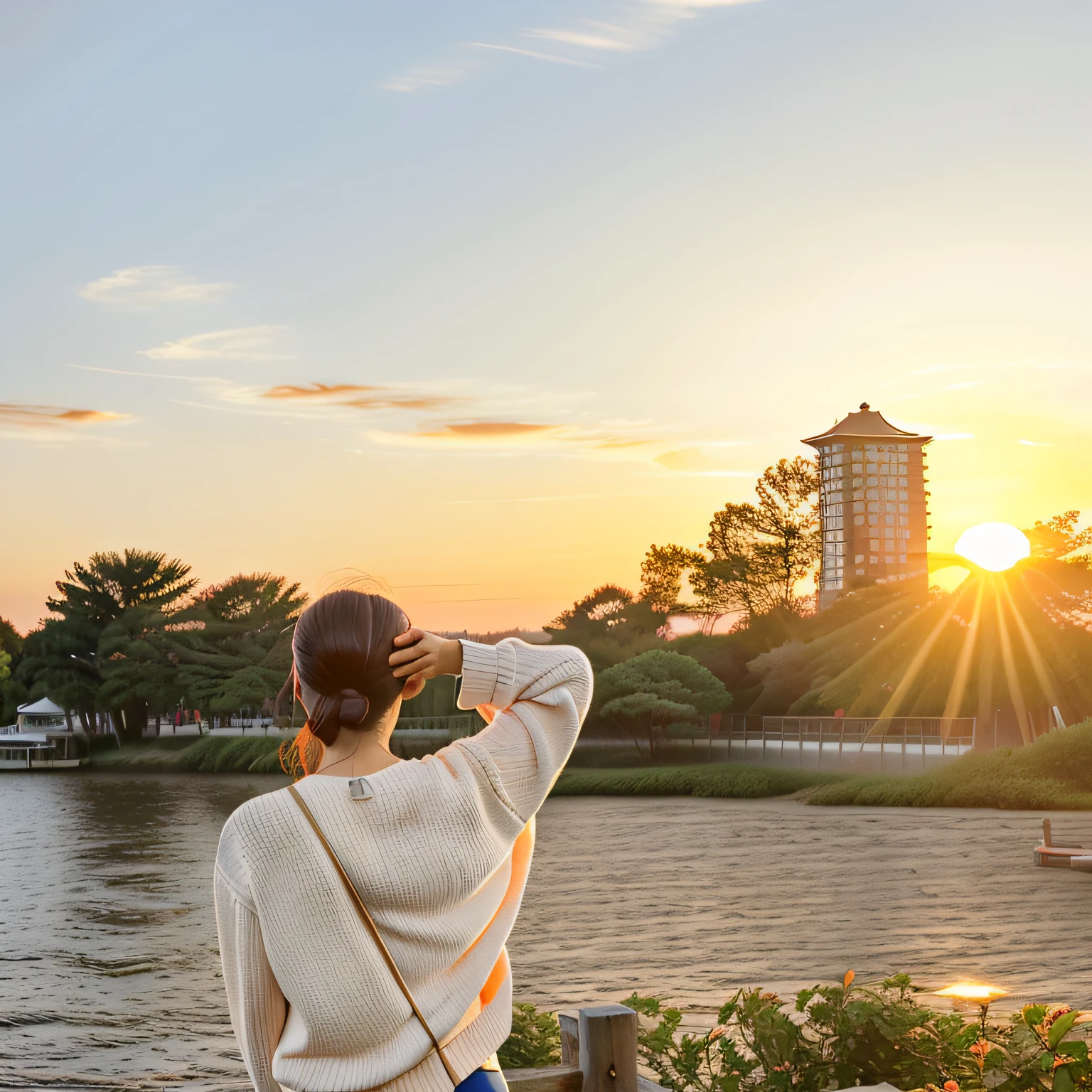 Photo of a girl standing on the dock, Place your hands on the back of your head,With sunset, during sunrise, golden hour in beijing, At sunrise, taken at golden hour, shot at golden hour, late sunset, during dawn, watching the sunset, Morning sun, morning golden hour, Morning sunrise, At sunset, photoshoot, morning shot, in the golden hour