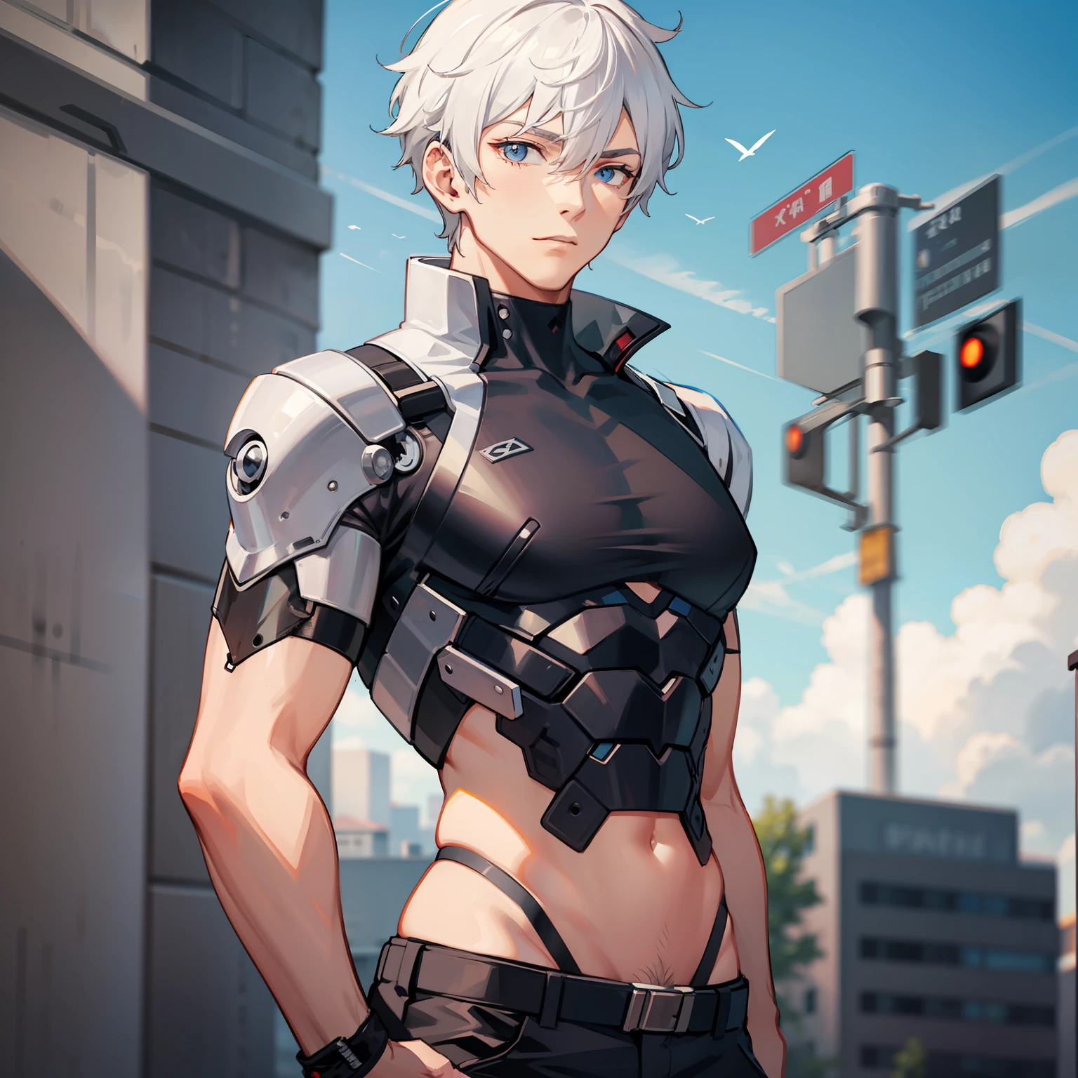 male cyborg, White hair, T-shirt, cargo pants
