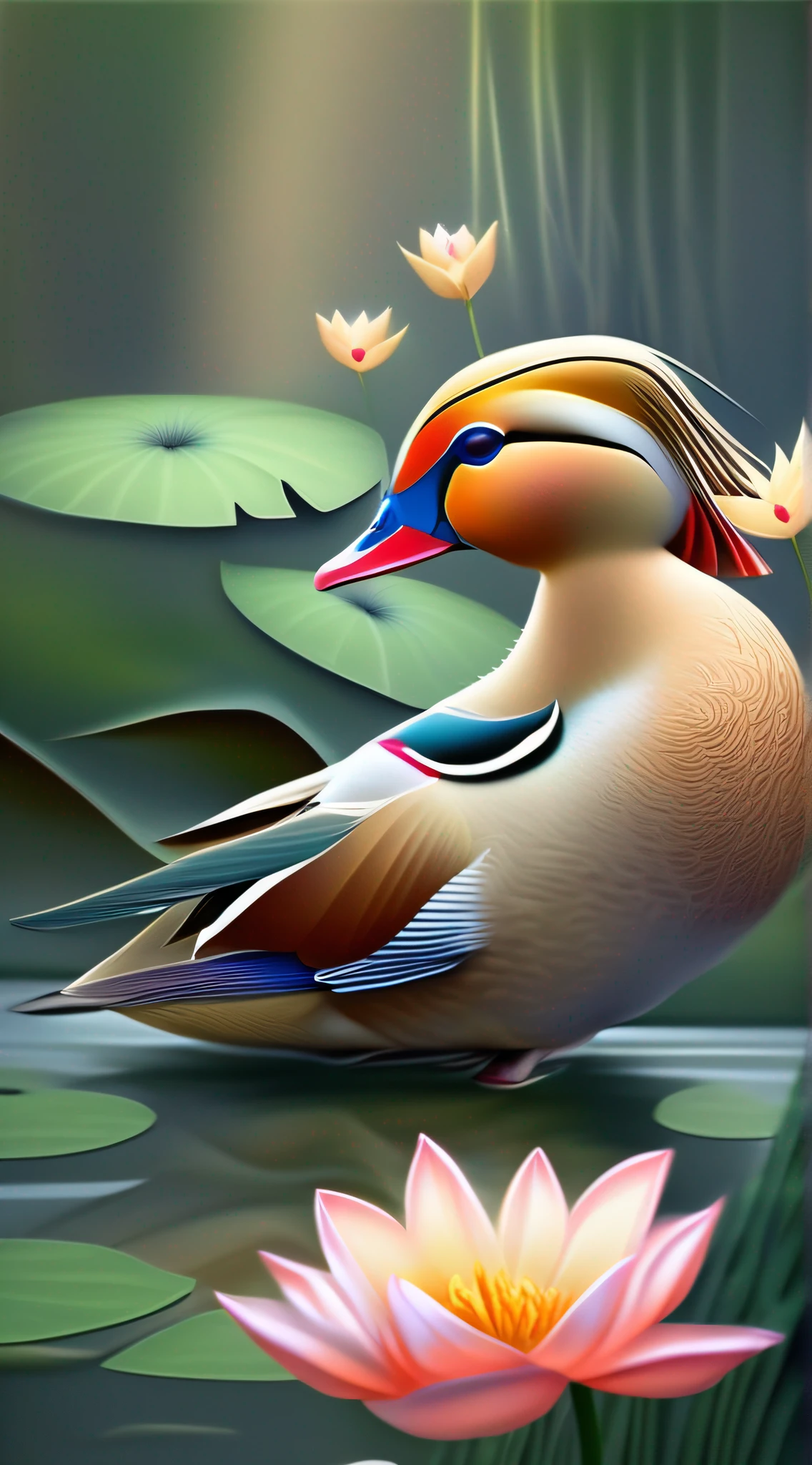 In a fascinating picture,A pair of mandarin ducks in the pond,Mandarin ducks' gorgeous feathers plus lotus flowers around them,(Two mandarin ducks face to face:1.3),It creates a captivating scene of harmony and otherworldly beauty,(中景 the scene is:1.3),(lotus flower:1.3),(Ripples in the water:1.2),Ultra photo realsisim,Ultra-detailed graphics,masterece-piece,Premium wallpapers,hdr,(真实感,Masterpiece quality,Best Quority)