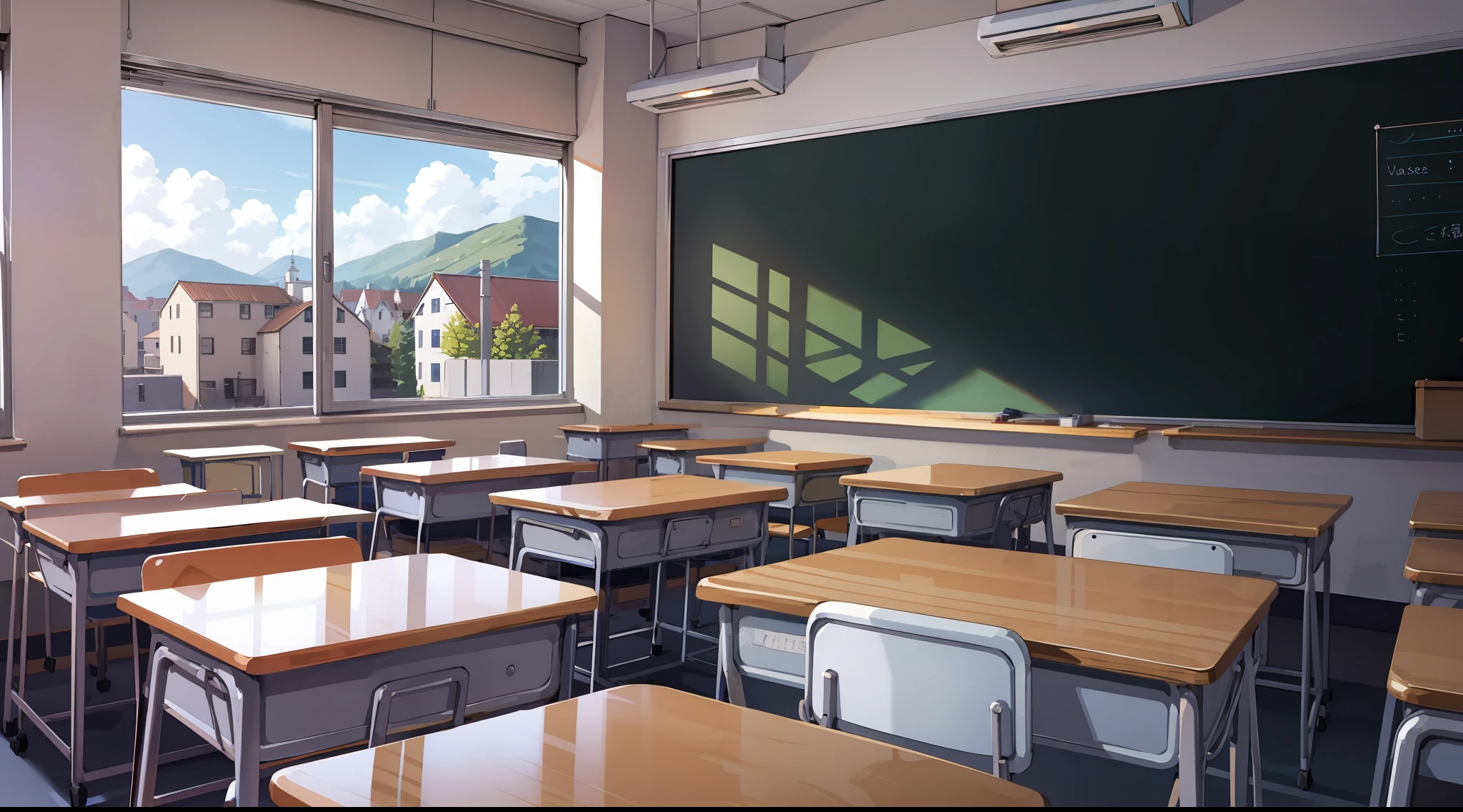 primary school、In class、landscapes、chalk board、desk、Pupils