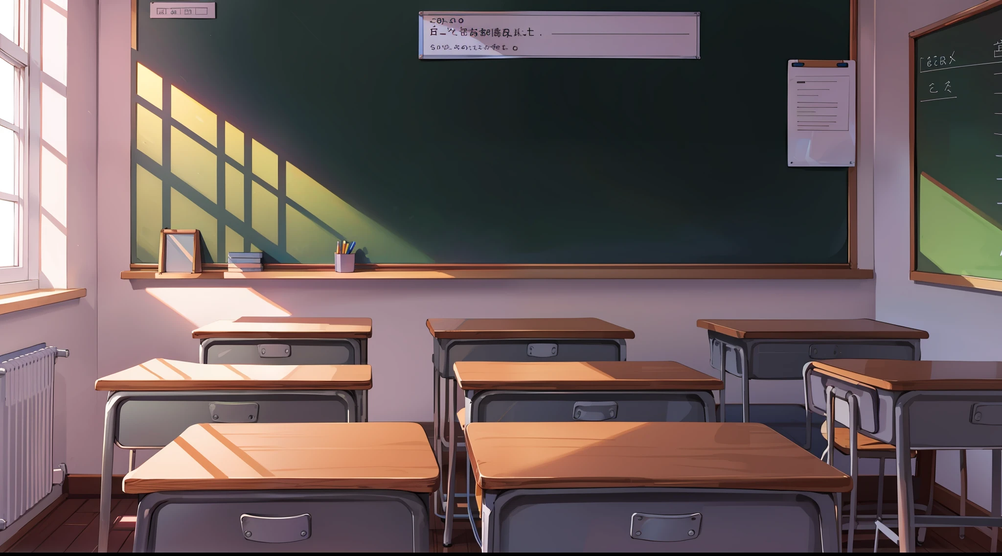 primary school、In class、landscapes、chalk board、desk、Pupils