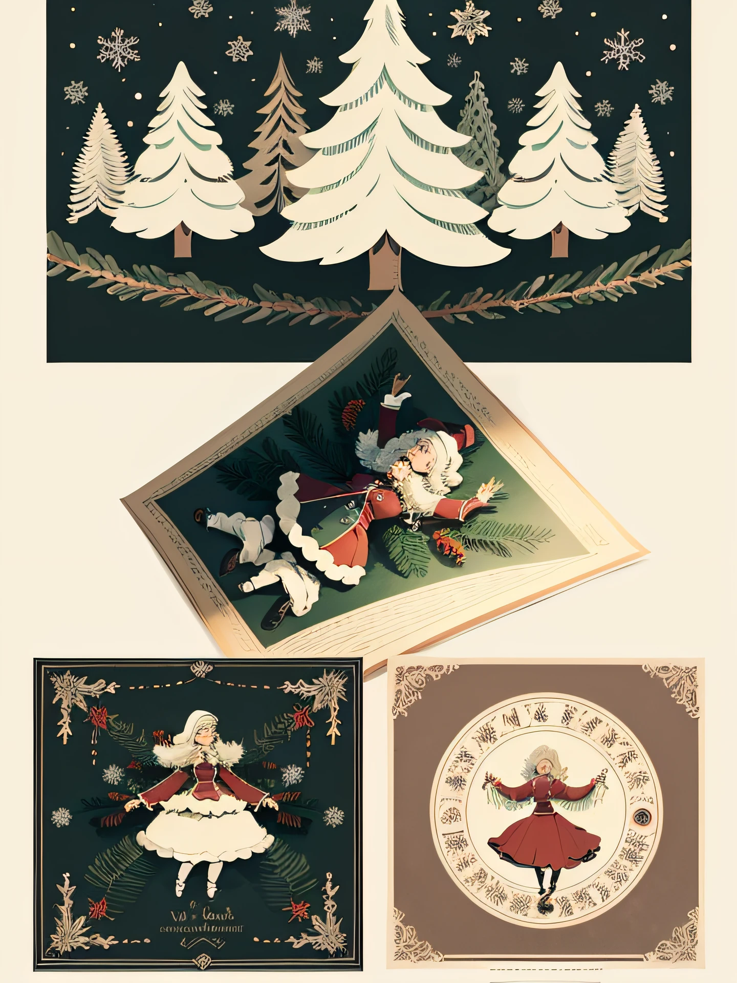 vintage illustrated Christmas card, image centered inside wide border around all four sides, vertical rectangle, drawn vertically, in the style of Kate Greenaway!, extra highly detailed drawing, flat!, vector art!--no shadows, illustration! --auto