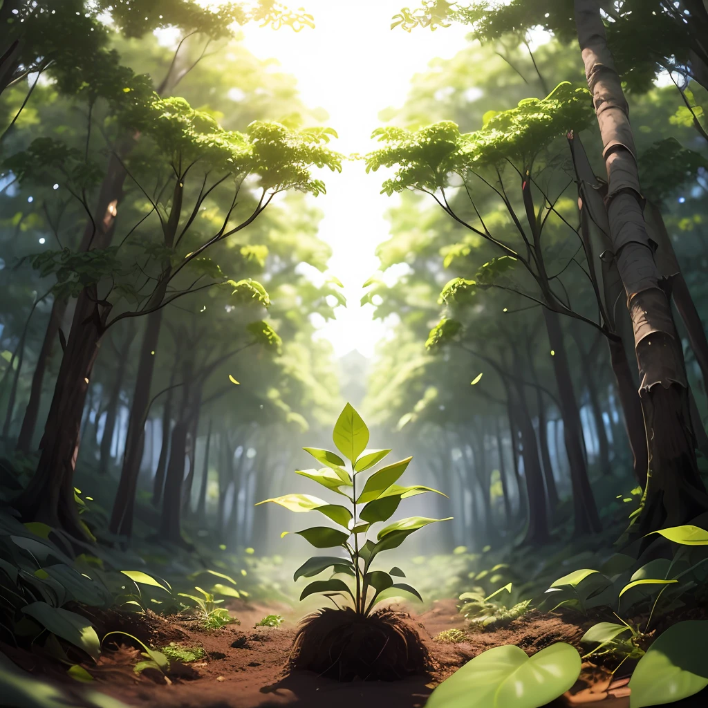 um close up de uma planta crescendo de uma mancha de terra em uma floresta, ambiente florestal, artista ambiental, ambiente vegetal, inspirado em Igor Kieryluk, arte conceitual ambiental, anime exuberante john 8k madeiras, Meio Ambiente Arte, pintura de ambientes, Ambiente rico, retrato ambiental, Directed by: Kim Eung-hwan, Akihiko Yoshida. Motor irreal