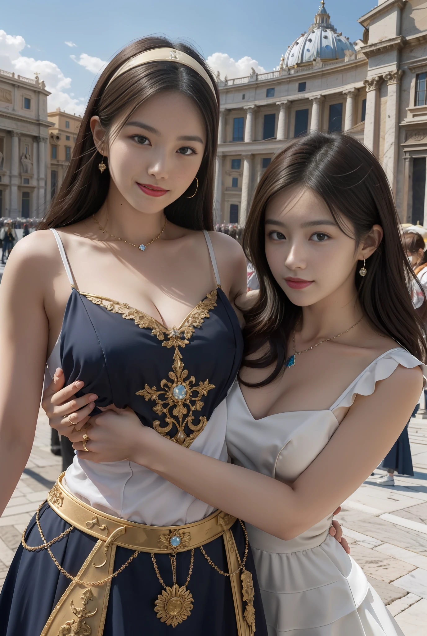 巨作, 4K, Best quality, FELute, necklace,Gorgeous dress, (on the St. Peter's Square of Vatican,crowd of),Bracers, Cowboy shot, lookatthe viewer, Smirk, Hand up