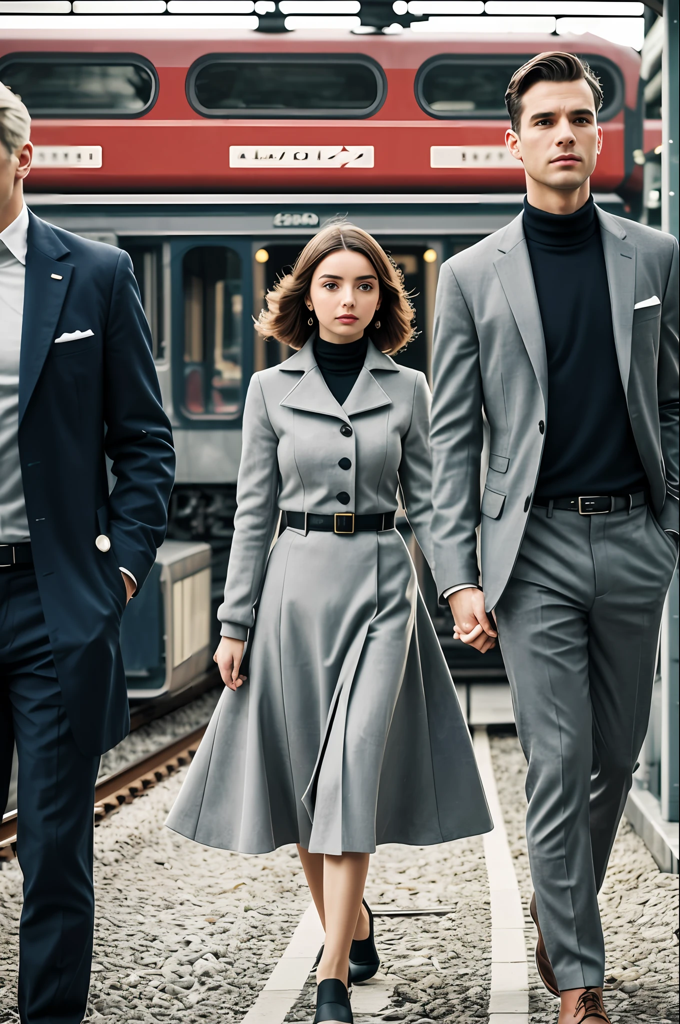 foto ultra realista de um casal. Image with characteristics of the 50s. 1 woman with the characteristics of Ana de Armas with delicate posture, wearing low shoes and standard 50's clothes, thermal pants, White wool blouse turtleneck, sobretudo por cima da roupa e cabelo curto, acima do ombro, com corte do estilo dos anos 50; She's in a small train station, accompanied by a man with the posture of an officer in the American air forces, bonito tem cabelo bem curto e loiro, olhos azuis, rosto marcante e bonito, com barba. He wears a classic dark overcoat over a gray suit; the two are together in a romantic cinematic image with a dramatic air at the vintage-patterned train station in the town of St. Gallen in Switzerland, at night time, dark skies, a lot of snow covering the ground and the train, frio, nevoeiro, inverno. Passageiros ao fundo. The scenario with characteristics of the year 1950, with dramatic and melancholic tones --auto --s2