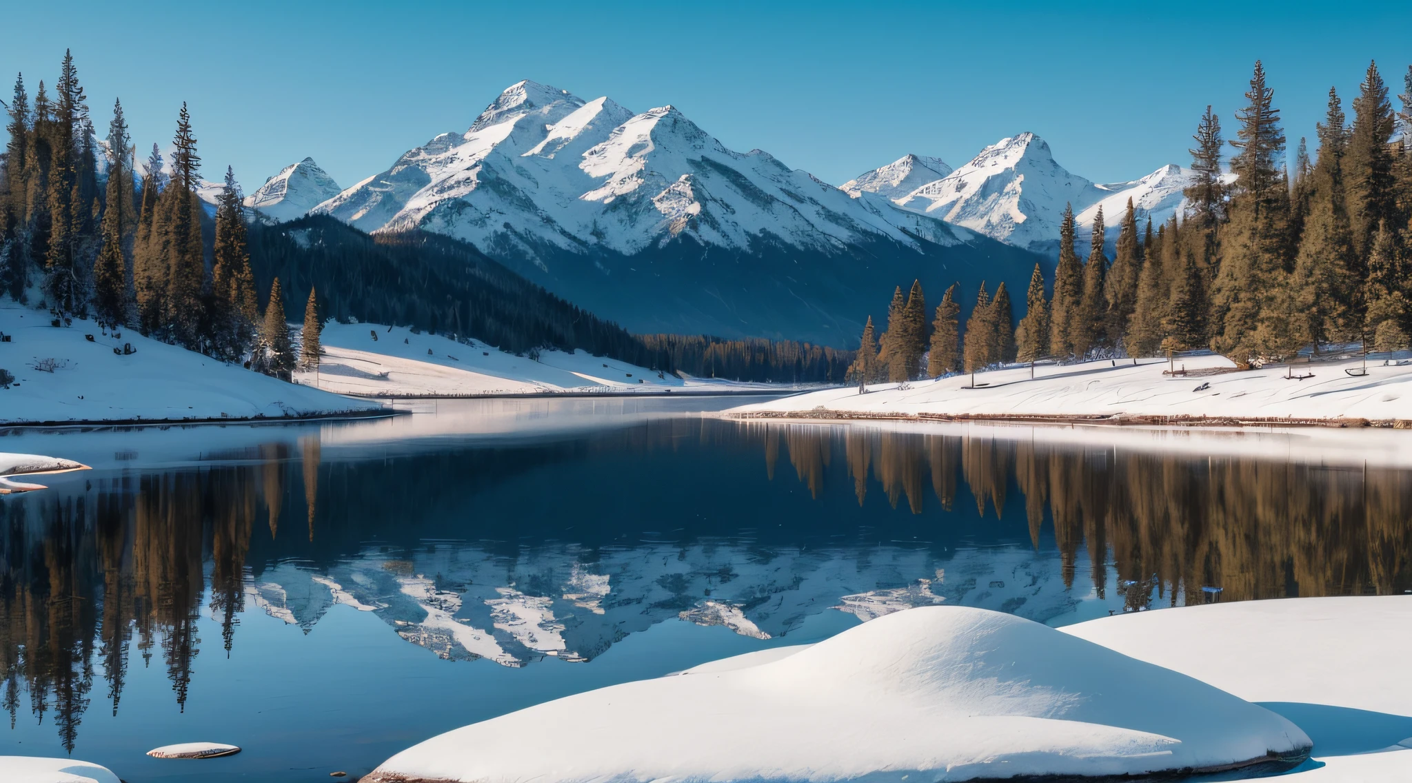 A large lake surrounded by tall trees and snow-capped mountains