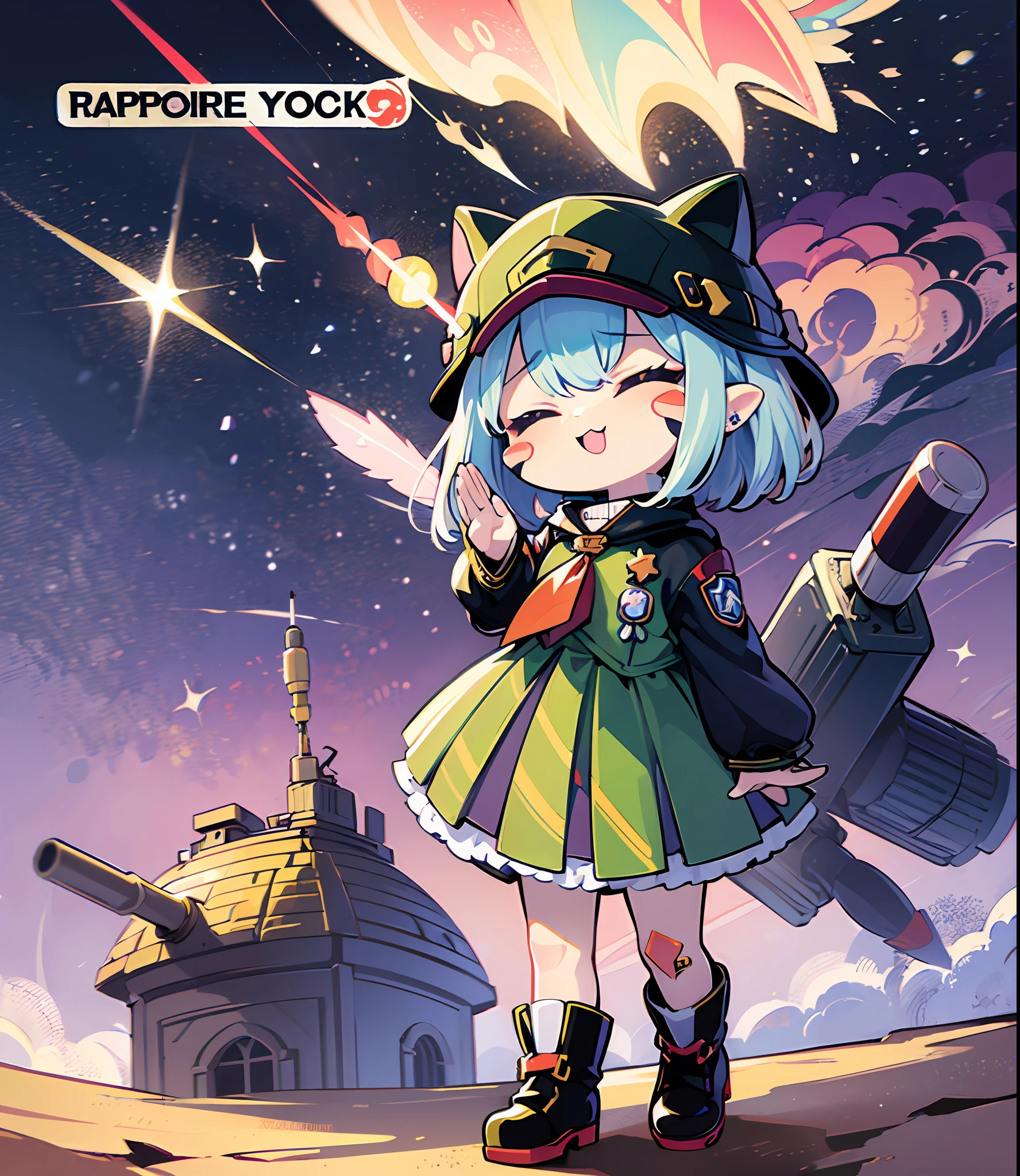 ((a sticker:1.5)))、((Chibi Chara))、(((saluting)))、(((rocket launcher)))、fluffy、1girl in、saluting、Thanks、Thank you strongest、Chibi Chara、fullllbody、Pastel colors hair、Fairy tale、Fantastical、masuter piece、beste-Qualit、high picture quality
