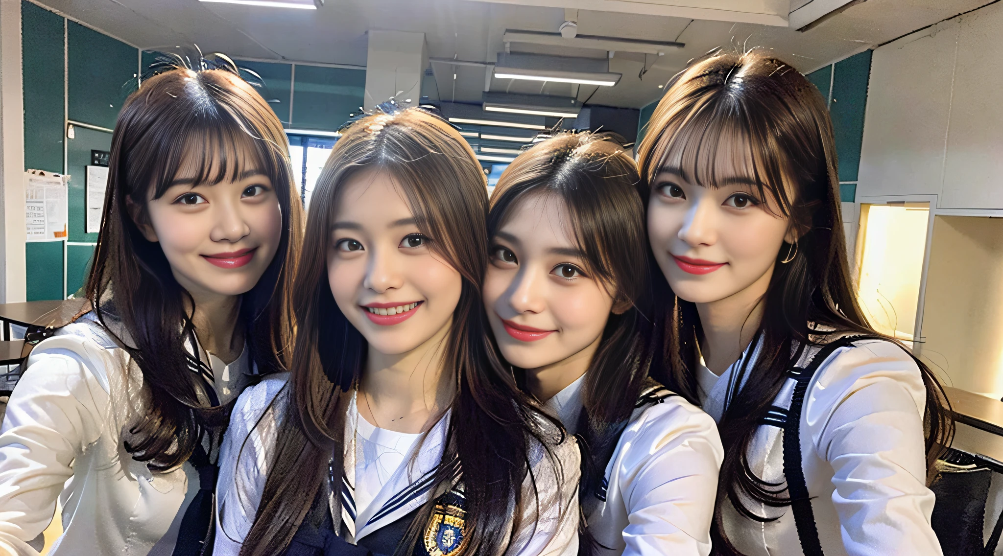 (8K、Raw photography、beste-Qualit、шедевр:1.2)、ultra hyper-detailed、ultra res、(realisitic、Real Photographics:1.47)、(Hugging each other)Leaning closer、(Fantastic lighting)Hugging、White Skin Skin、Fair-skinned female proofreading、An ultra-high picture quality、Beautiful blue sky lighting、Beautiful female proofreading reflecting in light、amazing detailed、Beautiful girls in very detailed、Faces with different patterns、Different face patterns、Each hairstyle has its own characteristics、a color々Hairstyle、a color々Hair color、Circle of Angels、Having a conversation in a classroom at school、Brown hair shining in the light、One has a ponytail、、Modern cute high school girl、very detailed faces very detailed eyes、Very realistic skin、 extremely detailed fingers, extremely detailed nose, highly detail mouth, perfect anatomia, Highly detailed sailor suit、highly detailed back ground,After school、Smiling school girls are gathered in the hallway of the school。They are hugging each other in uniform、Light from bright windows illuminates the classroom、The details of their hair and uniforms shine through.。, famous Japan idol, cute-cute, Realistic body, White Skin Skin, shining skin, Slim body, Long straight hair, (Blunt bangs:1.2), 、Schoolgirl youth Celebrity-level cuteness