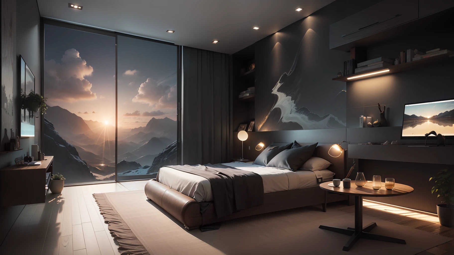 (breathtaking landscape:1.1), best quality, hyper-detailed,(best quality:1.2, hyper-detailed:1.1, awe-inspiring landscape:1.1), Best quality, master picece, hyper detai, ((best illumination, modern bedroom:1.2, minimalist aesthetic:1.1, sleek design:1.2, stylish design:1.1, refined:1.2, gentle lighting:1.1, impactful:1.1))