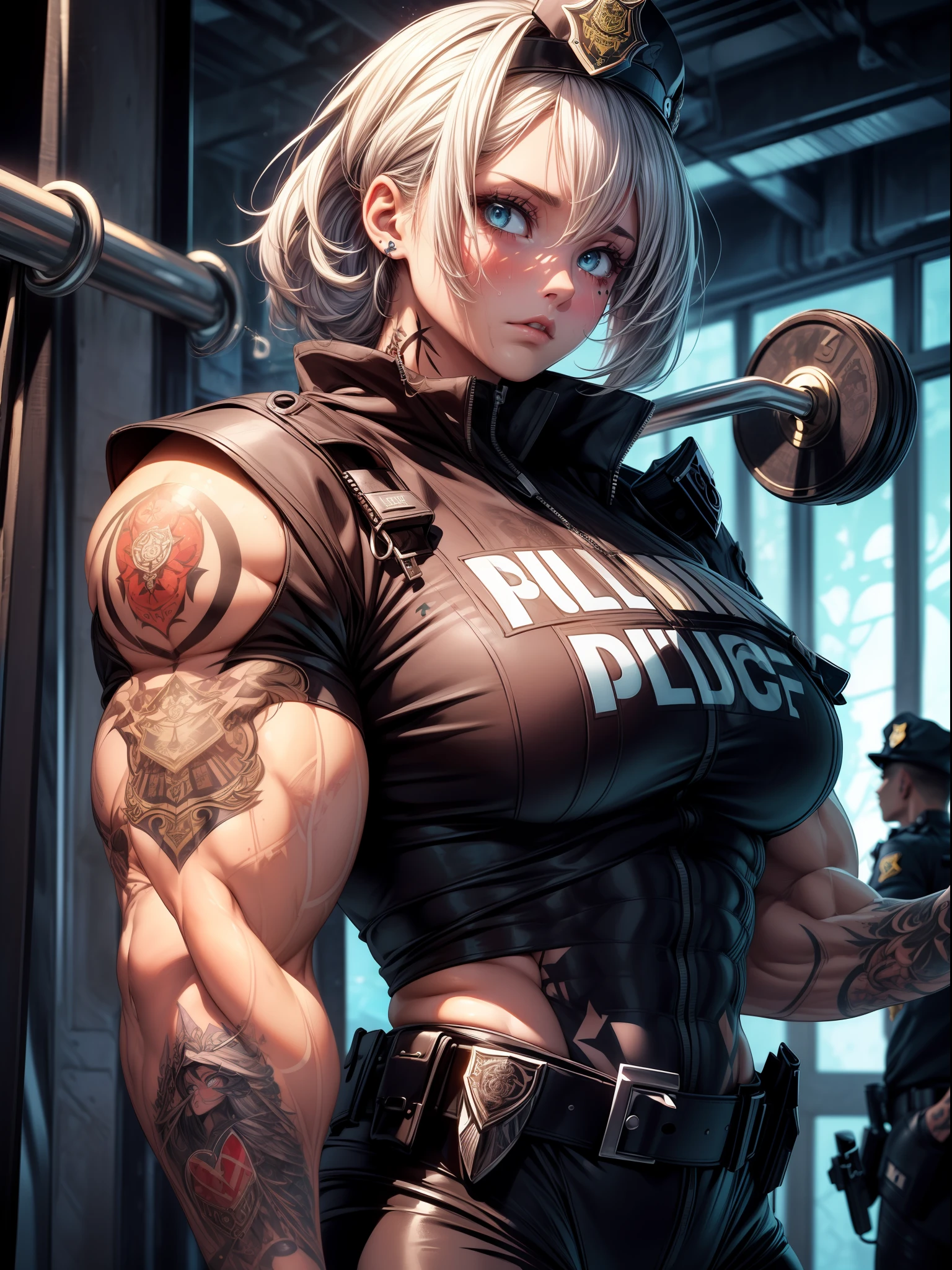 high contrast, (8K UHD:1.2), (photorealistic:1.2),(masterpiece:1.4), (best quality:1.4),extremely detailed wallpaper, highly detailed illustrations, ((1 Girl)) , (super-complex details) official art, unity 8k wallpaper, ultra detailed, beautiful and aesthetic, masterpiece, best quality, (zentangle, mandala, tangle, entangle), (fractal art:1.3) , masterpiece, , intricate detail,((tattoes:1)),((bulking)),covered body, armor medieval,upper body,(body builder:1.6), Fighter, muscular,colorful dress,bob hair,busty,sexy,curvy,crazy abs, upper , from front angle, raised hand, armpit, looking into camera,sweating,wet,((sad eyes)),((tattoes:1.6)),((police outfit:1.5)),((unique outfit:1.5))