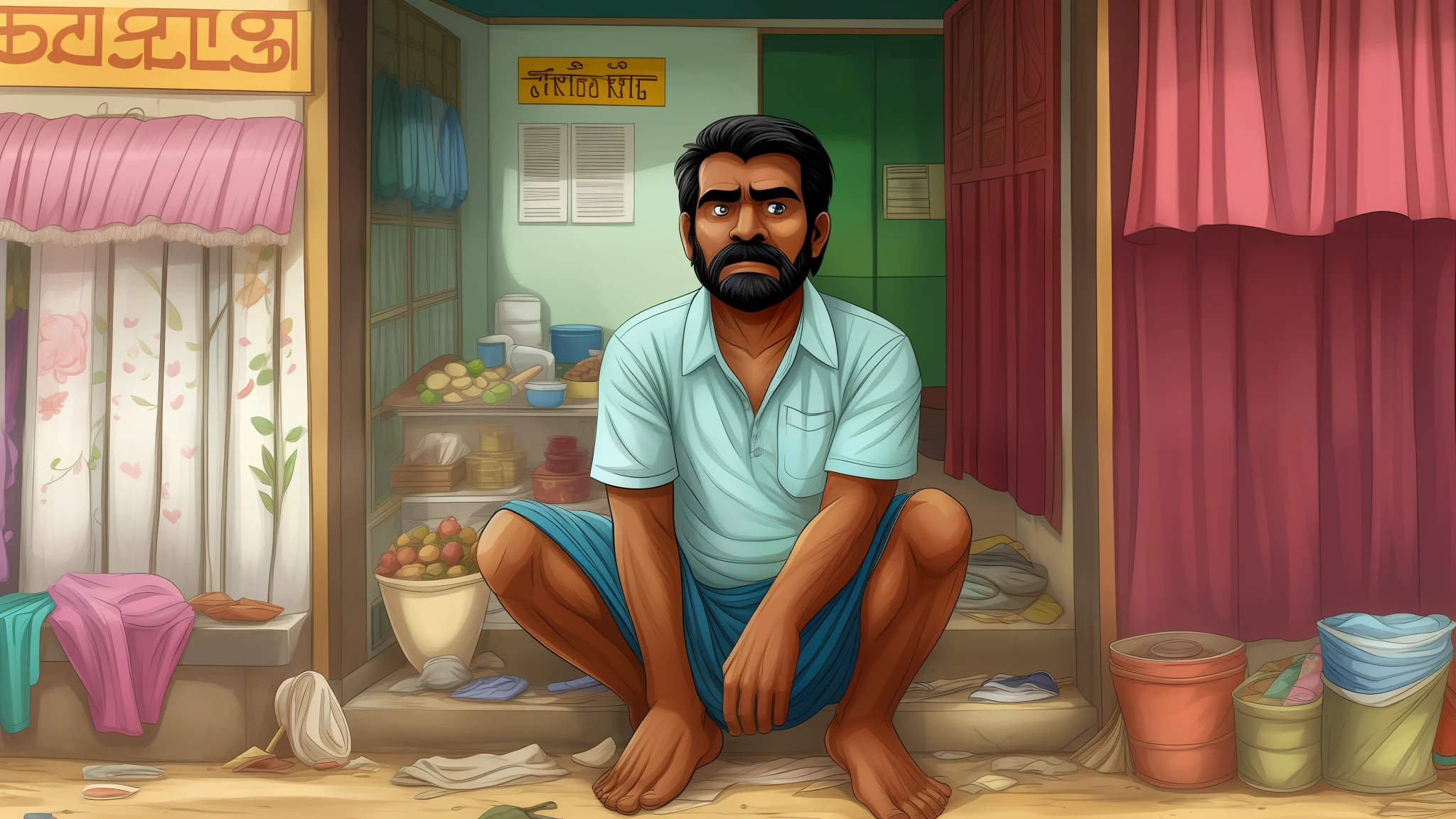 A poor indian man stand front of shop and his clothes are very mess and he looks beggar in cartoon