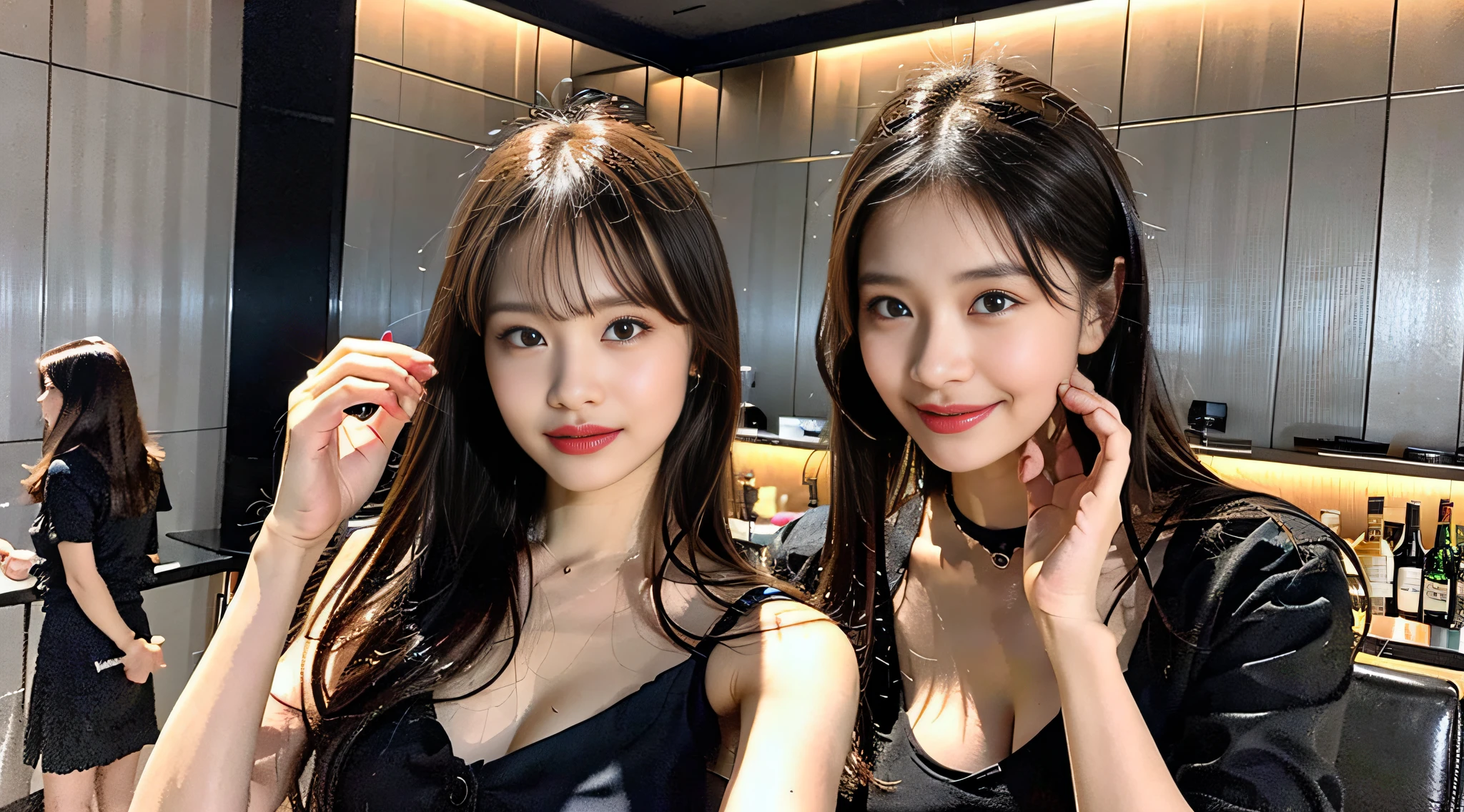 (8K、Raw photography、beste-Qualit、шедевр:1.2)、ultra hyper-detailed、ultra res、(realisitic、Real Photographics:1.47)、Dim bar counter、Dimly lit interior（Fantastic lighting）Stylish lighting、Champagne Tower、Pretty hostess、Miss Cabaret、Sexy woman in dress sitting on chair drinking、Sexy cleavage、tiny chest、Small、fair white skin、Beautiful thighs、Beautiful legs、Human-like、Girls Bar、kawaii pose、White Skin Skin、Fair-skinned hostess、Fashionable and sexy dresses、An ultra-high picture quality、、amazing detailed、Beautiful girls in very detailed、Faces with different patterns、One has a ponytail、very detailed faces very detailed eyes、Very realistic skin、 extremely detailed fingers, extremely detailed nose, highly detail mouth, perfect anatomia, Highly detailed sailor suit、highly detailed back ground,Xue glowing skin, Slim body,  Long straight hair, (Blunt bangs:1.2)