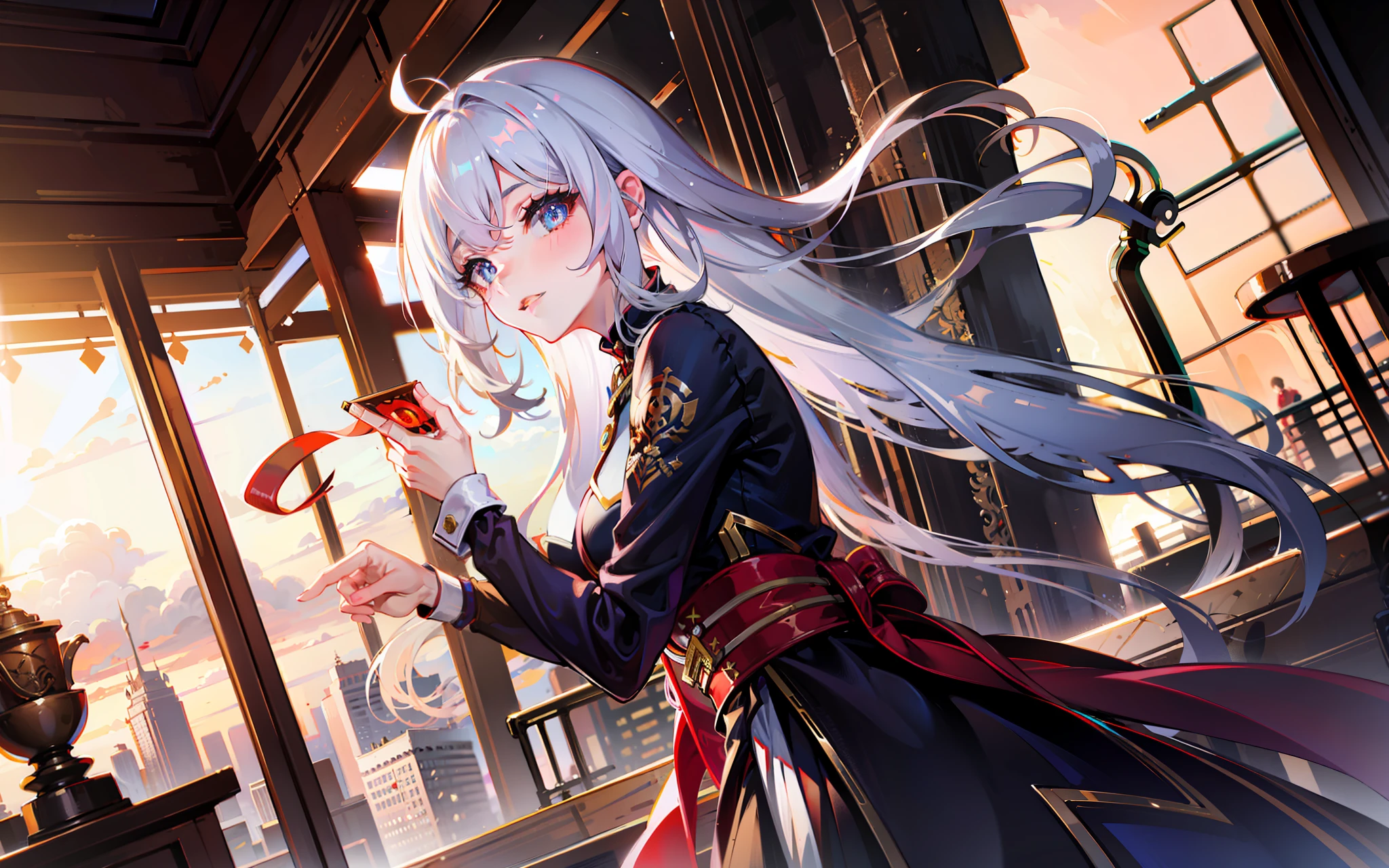 a masterpiece of,Best Quority,8K,1girl huge large breasts,Beautiful detail light,beautiful detailed shadow,((Beautiful cloud of details)),Wagas,dynamic angle,sun setting,white color hair,Crimson pupils,Elaborate Eyes,florals