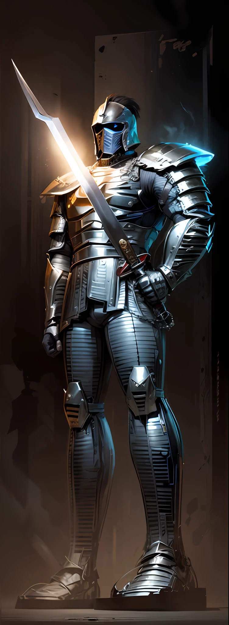 armor, mask of steel, realistic, natural, hd, masterpiece, big body , good lighting quality, holding a square steel sword in the left hand, short black hair tied above the head,