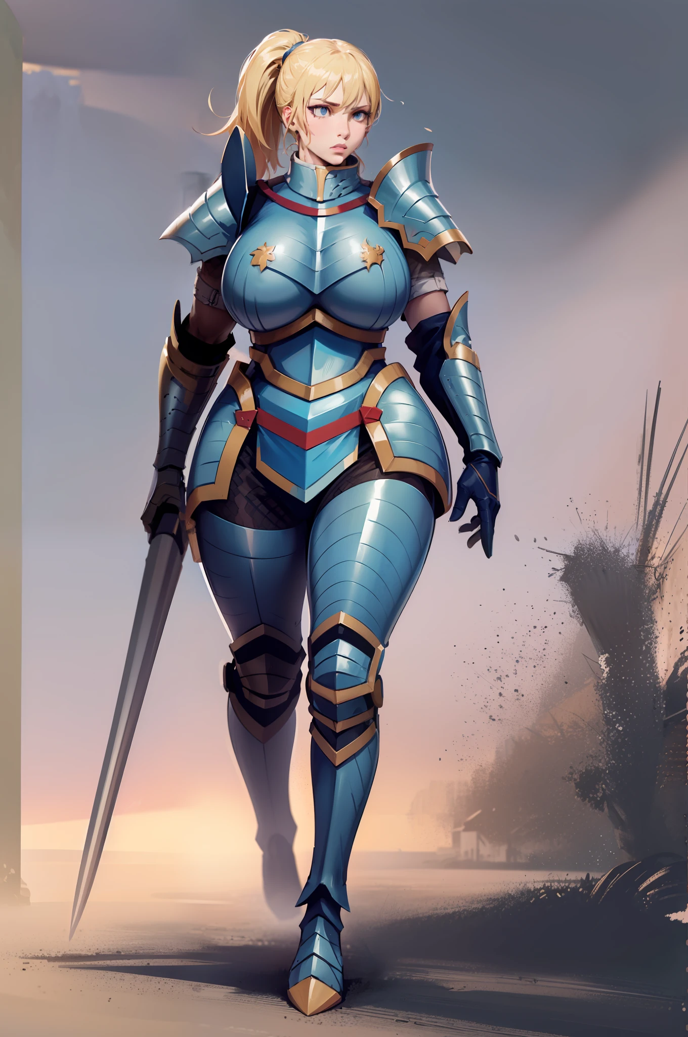 full armor, knight, vest, walking, full body,blond hair, pony tail,, huge breast, tall