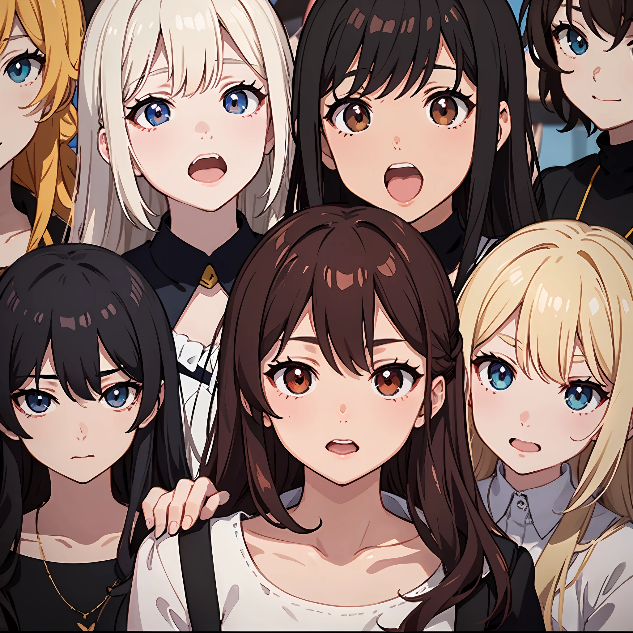 ((Masterpiece, perfect faces)), modern day, 10+girls, sisters, group picture, brown hair, blonde hair, red hair, hazel eyes, anime style, anime screencap