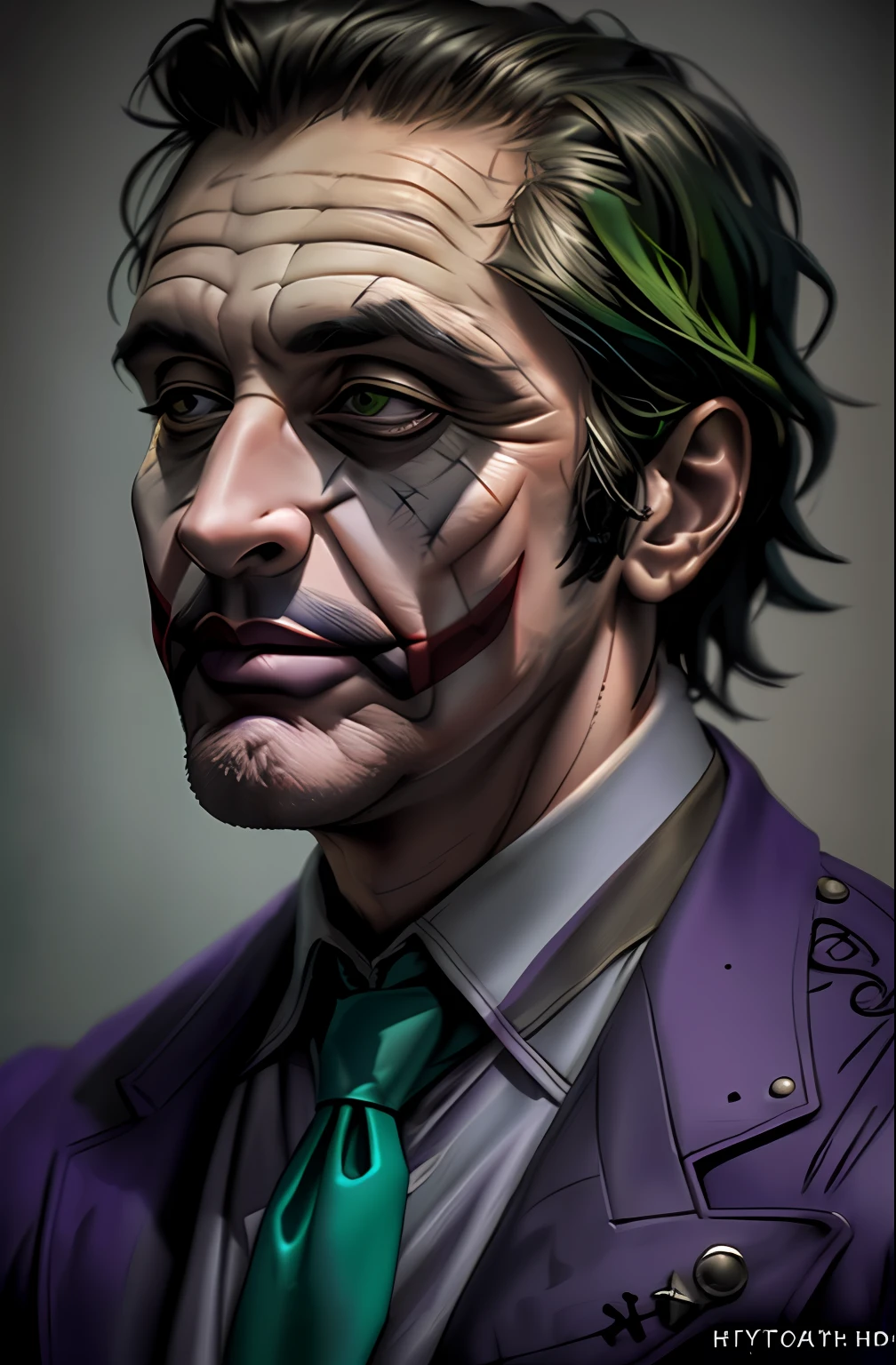 (Al Pacino as The Joker) ,epic, realistic, faded, neutral colors, ((((hdr)))), ((((muted colors)))), intricate scene, artstation, hyperdetailed, cinematic shot, warm lights, dramatic light, intricate details, vignette, complex background, [[teal and orange]], slate gray atmosphere, perfect lighting, perfect shading, (photorealistic:1.6), (((purple jacket))),