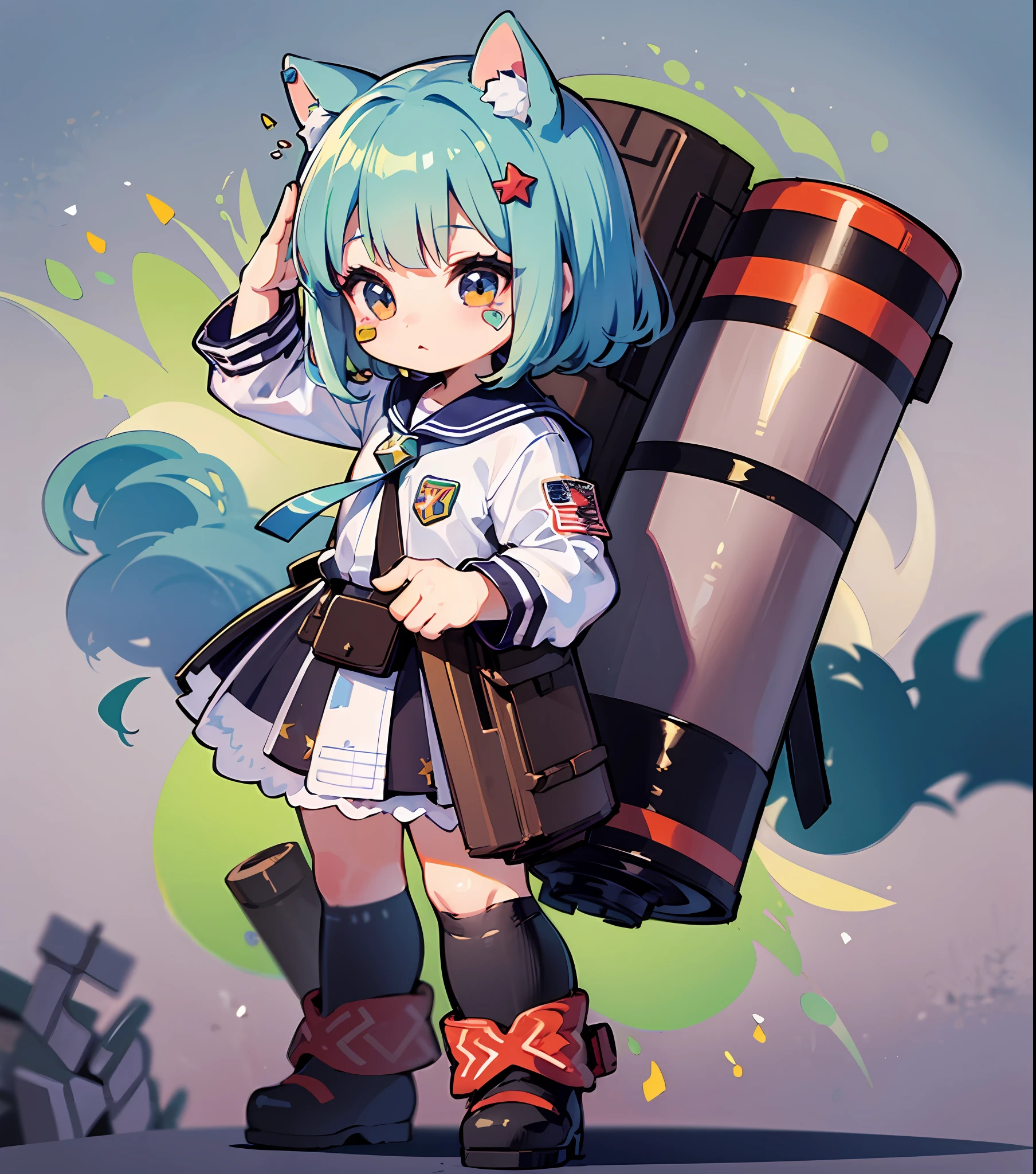 ((a sticker:1.5)))、((Chibi Chara))、(((saluting)))、(((rocket launcher)))、fluffy、1girl in、saluting、Thanks、Thank you strongest、Chibi Chara、fullllbody、Pastel colors hair、Fairy tale、Fantastical、masuter piece、beste-Qualit、high picture quality