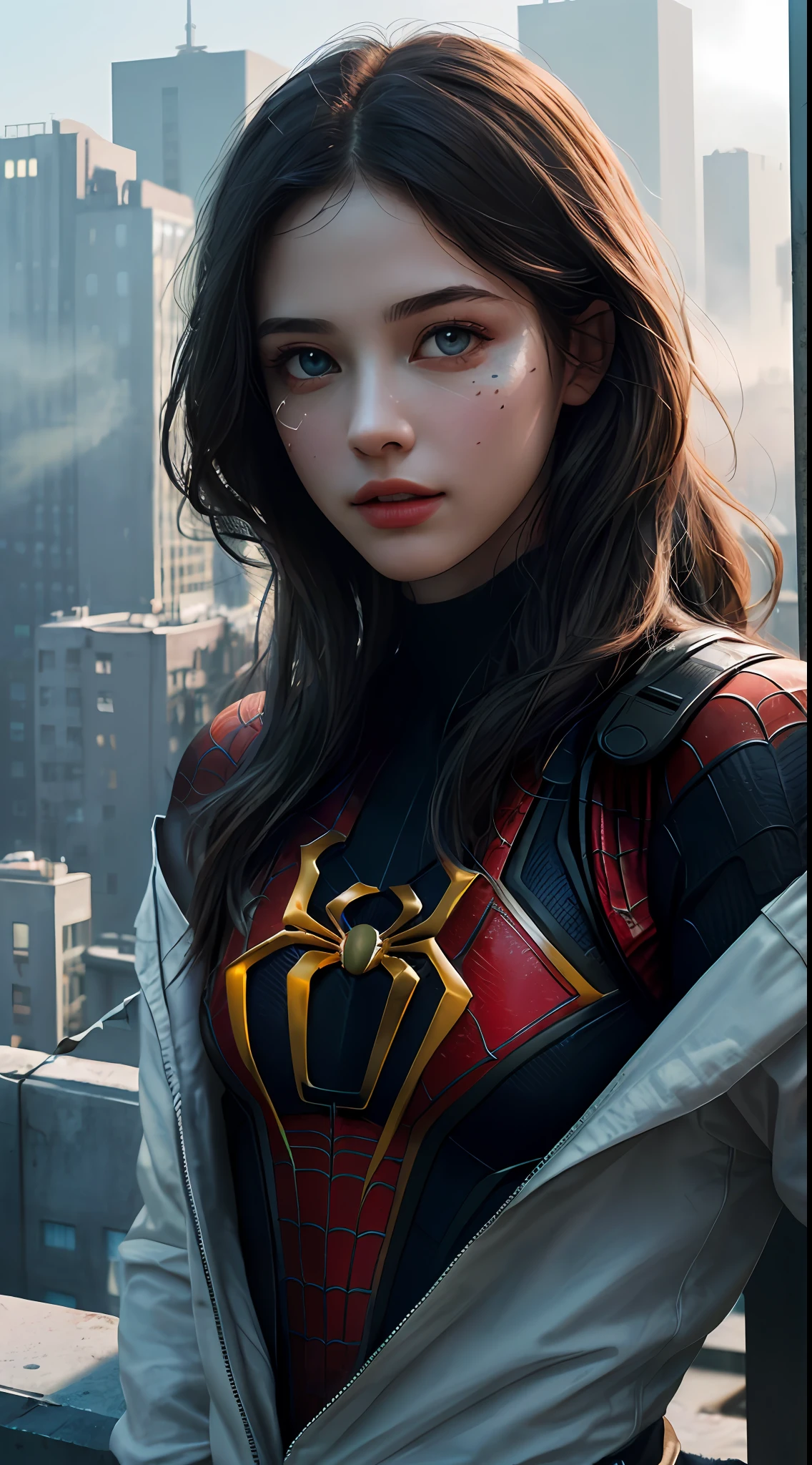 (1girl:1.3), Solo, (((Very detailed face)))), ((Very detailed eyes and face)))), Beautiful detail eyes, Body parts__, Official art, Unified 8k wallpaper, Super detailed, beautiful and beautiful, beautiful, masterpiece, best quality, original, masterpiece, super fine photo, best quality, super high resolution, realistic realism, sunlight, full body portrait, amazing beauty, dynamic pose, delicate face, vibrant eyes, (from the front), She wears Spider-Man suit, red and black color scheme, spider, very detailed city roof background, rooftop, overlooking the city, detailed face, detailed complex busy background, messy, gorgeous, milky white, highly detailed skin, realistic skin details, visible pores, clear focus, volumetric fog, 8k uhd, DSLR, high quality, film grain, fair skin, photo realism, lomography, futuristic dystopian megalopolis, translucent