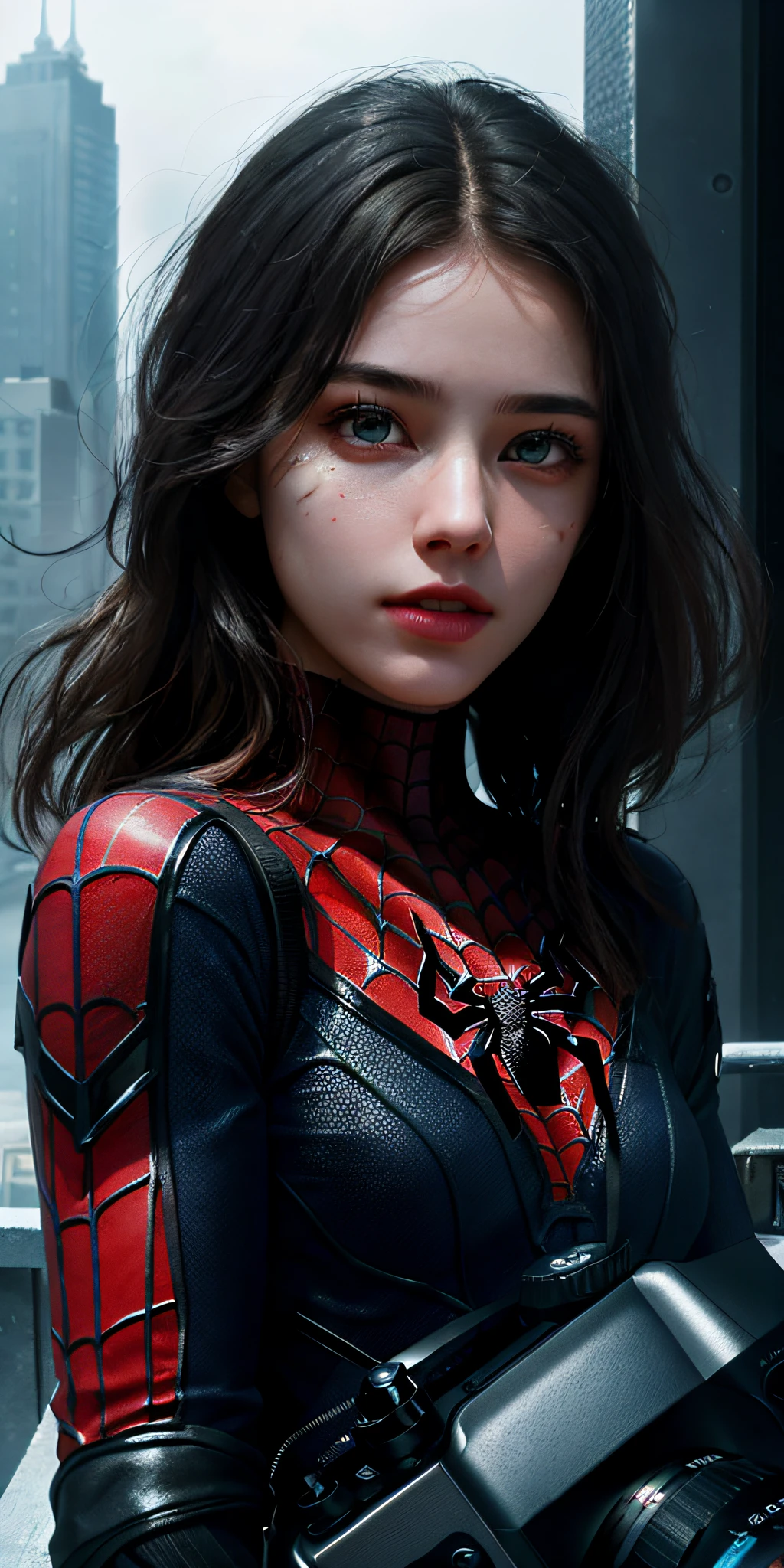 (1girl:1.3), Solo, (((Very detailed face)))), ((Very detailed eyes and face)))), Beautiful detail eyes, Body parts__, Official art, Unified 8k wallpaper, Super detailed, beautiful and beautiful, beautiful, masterpiece, best quality, original, masterpiece, super fine photo, best quality, super high resolution, realistic realism, sunlight, full body portrait, amazing beauty, dynamic pose, delicate face, vibrant eyes, (from the front), She wears Spider-Man suit, red and black color scheme, spider, very detailed city roof background, rooftop, overlooking the city, detailed face, detailed complex busy background, messy, gorgeous, milky white, highly detailed skin, realistic skin details, visible pores, clear focus, volumetric fog, 8k uhd, DSLR, high quality, film grain, fair skin, photo realism, lomography, futuristic dystopian megalopolis, translucent