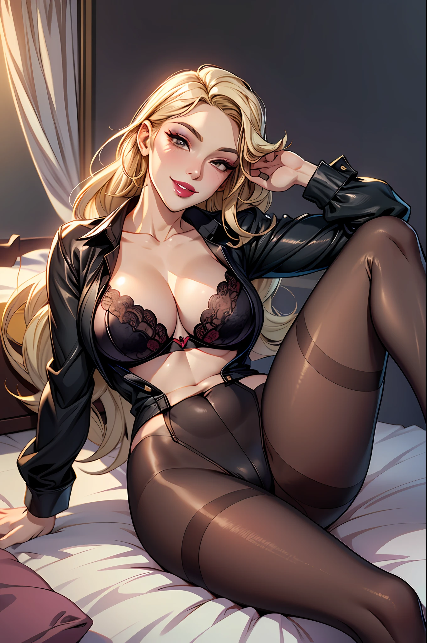 beautiful mature business woman, long blonde hair, lipstick, eyeshadow, makeup, no shirt, black bra, pantyhose, high heels, curvy, smiling, seductive, lying on the bed, two tone lighting, dynamic lighting