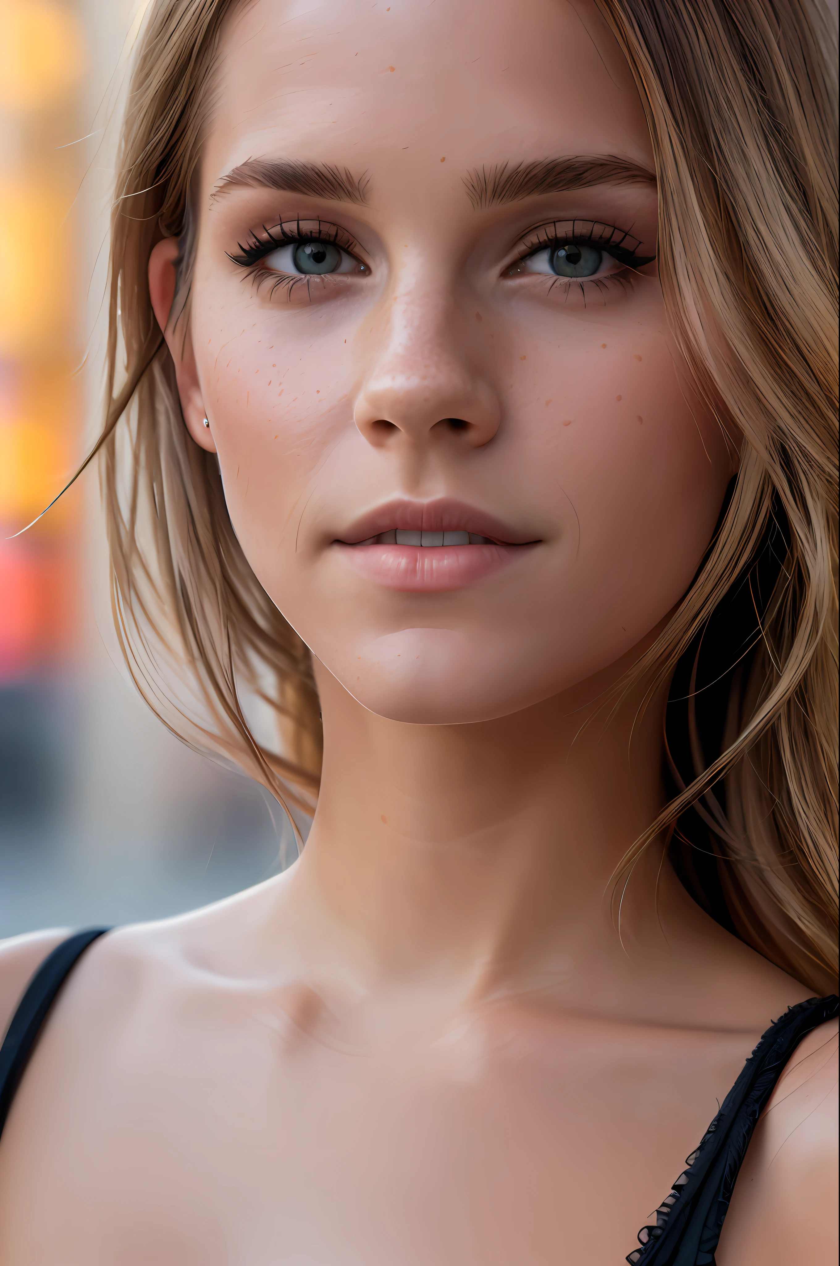 Emma Watson, (selfie, top view: 1.4), (straight half body: 1.4), RAW UHD portrait photo of a 24-year-old blonde (blue-eyed woman) walking down a dark alley, natural breasts_b, night city, (red sundress), (décolleté), detail (textures!, hair!, glitter, color!, disadvantages: 1.1), highly detailed glossy eyes, (looking at the camera), mirror lighting, DSLR camera, ultra quality, sharp focus, sharpness, depth of field, film grain, (center), Fujifilm XT3, crystal clear, center of frame, pretty face, sharp focus, street lamp, neon lights, bokeh, (dimly lit), low key, night, (night sky) detailed skin pores, oiled skin, tan, intricate eye details