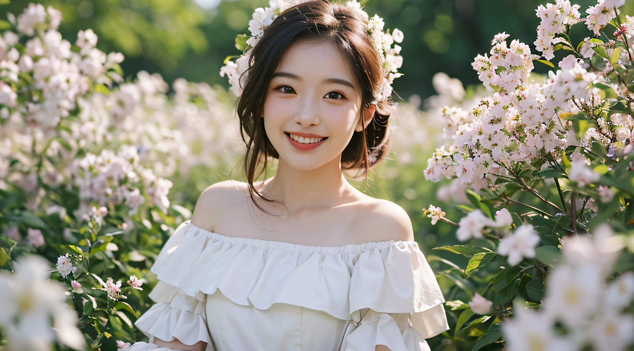 Best quality, masterpiece, ultra high res, (photorealistic:1.4), raw photo, 1girl, white dress, off shoulder, blossom flower field, glowing skin, light smile