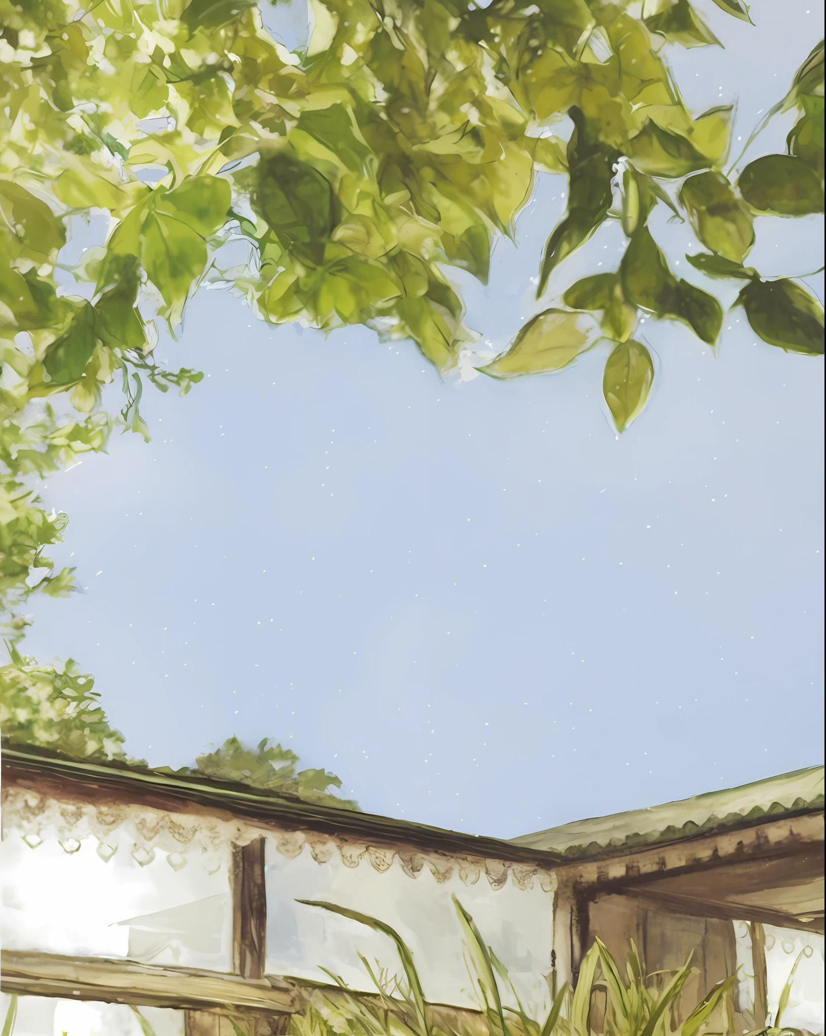 there is a painting of a building with a tree in the background, roof with vegetation, centro da imagem, inspirado em Konstantin Somov, Fanart, em um dia ensolarado, vignette illustration, floresta coberta, centro da imagem, Directed by: Jane Hawkins, A illustration, casa de campo close up, heavens, summer afternoon, 3/4 vista de baixo, illustration