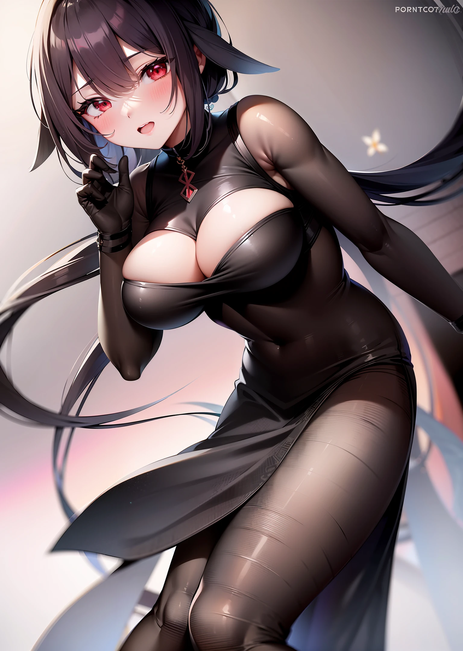 a girl, with black hair and short, with red eyes and with black clothes, anime style